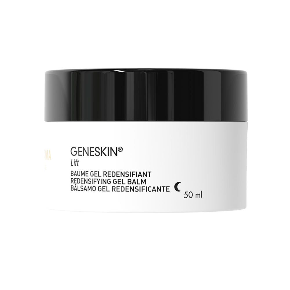 Pot de crème avec couvercle noir. Inscription: GENESKIN Lift, BAUME GEL REDENSIFIANT, 50 ml.