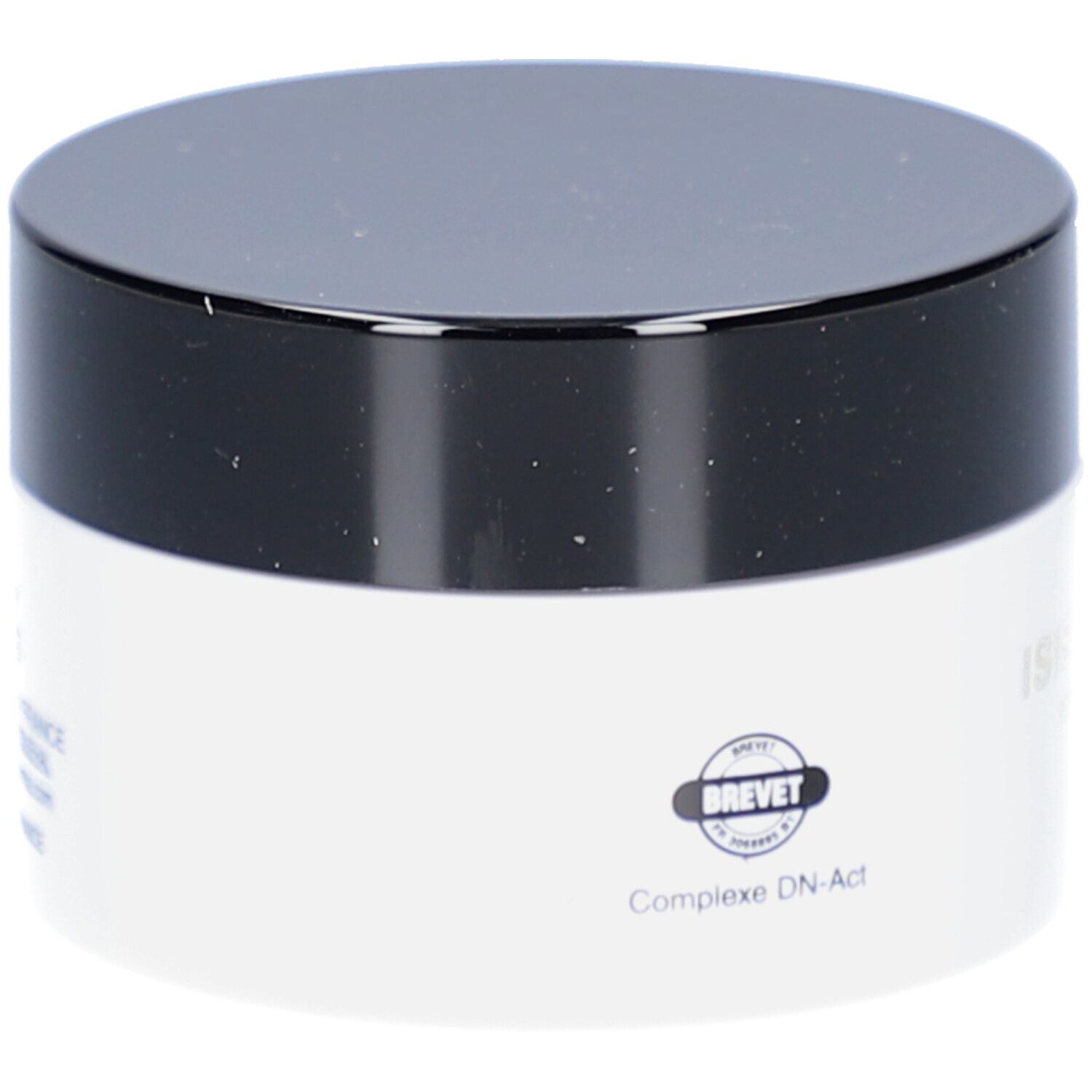 Pot de crème avec couvercle noir. Inscription: BREVET, Complexe DN-Act.
