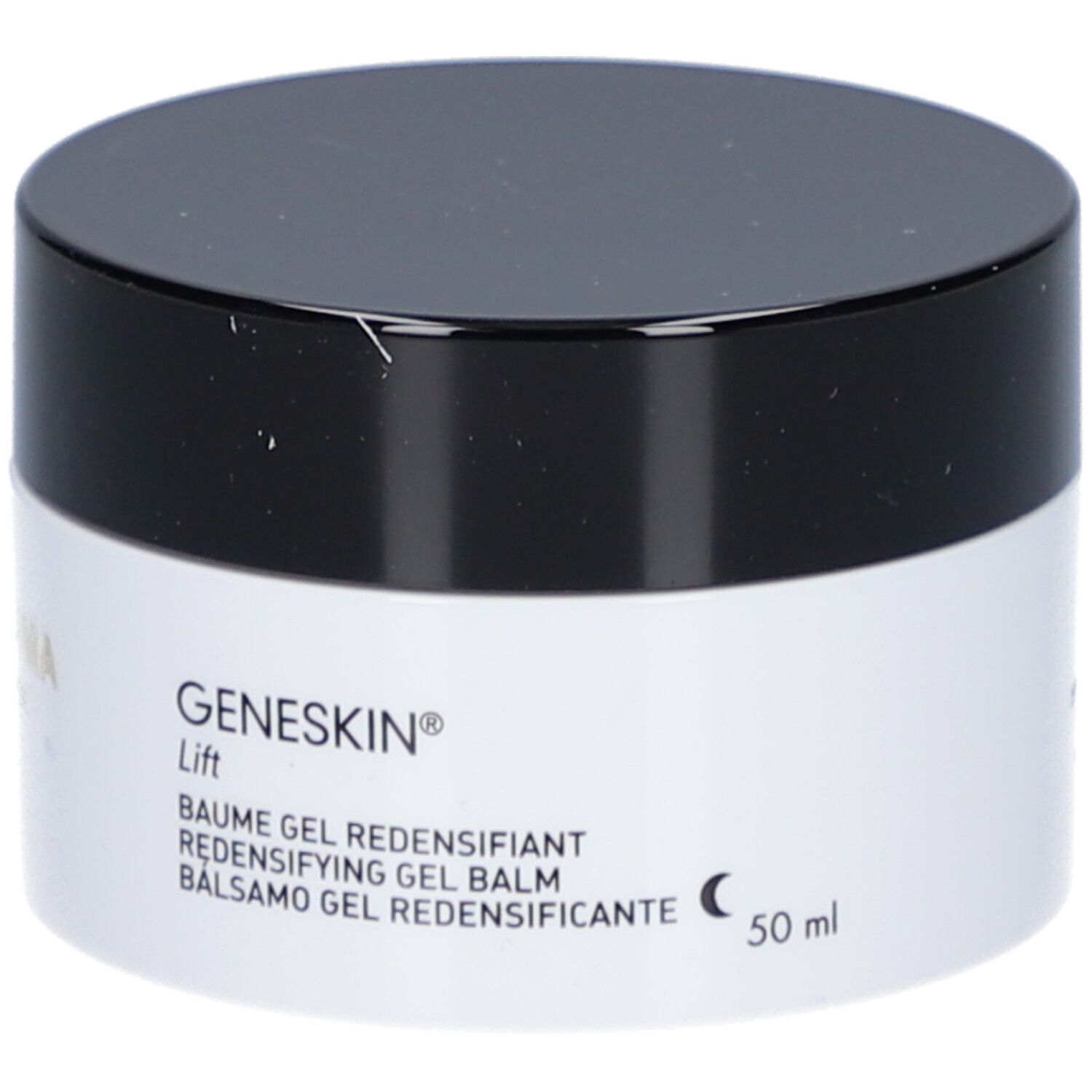 Pot de crème avec couvercle noir. Inscription: GENESKIN Lift, BAUME GEL REDENSIFIANT, 50 ml.