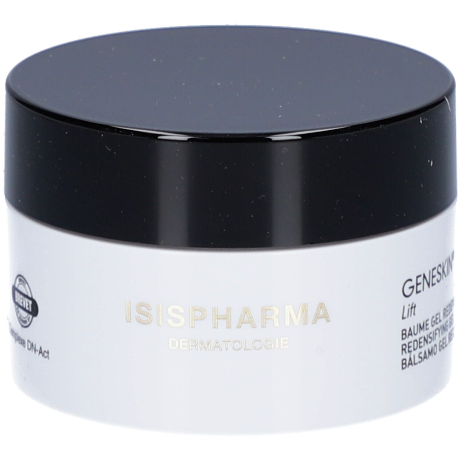 Pot de crème avec couvercle noir. Inscription: ISISPHARMA, BREVET, Complexe DN-Act.