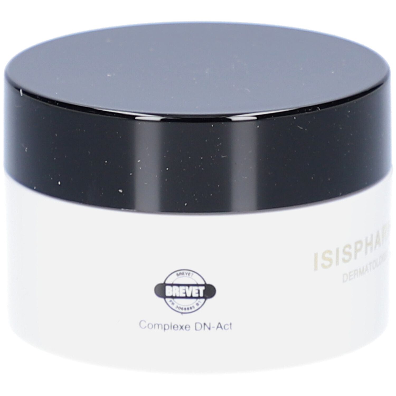 Pot de crème avec couvercle noir. Inscription: ISISPHARMA, BREVET, Complexe DN-Act.