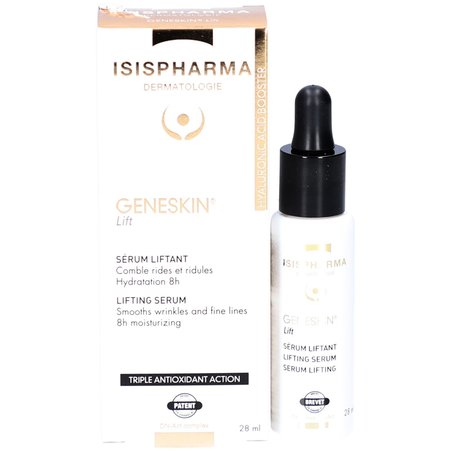 Produktverpackung und Serumflasche. Aufschrift: Geneskin Lift, Lifting Serum. Marke: ISISPHARMA. Mit Pipette.