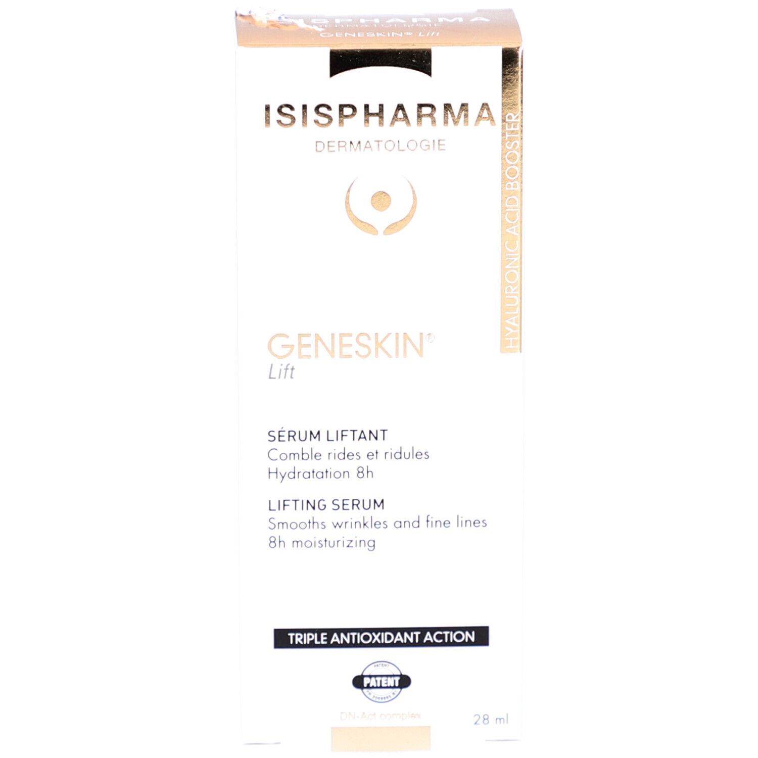 Produktverpackung. Aufschrift: Geneskin Lift, Lifting Serum. Marke: ISISPHARMA. Mit Pipette.