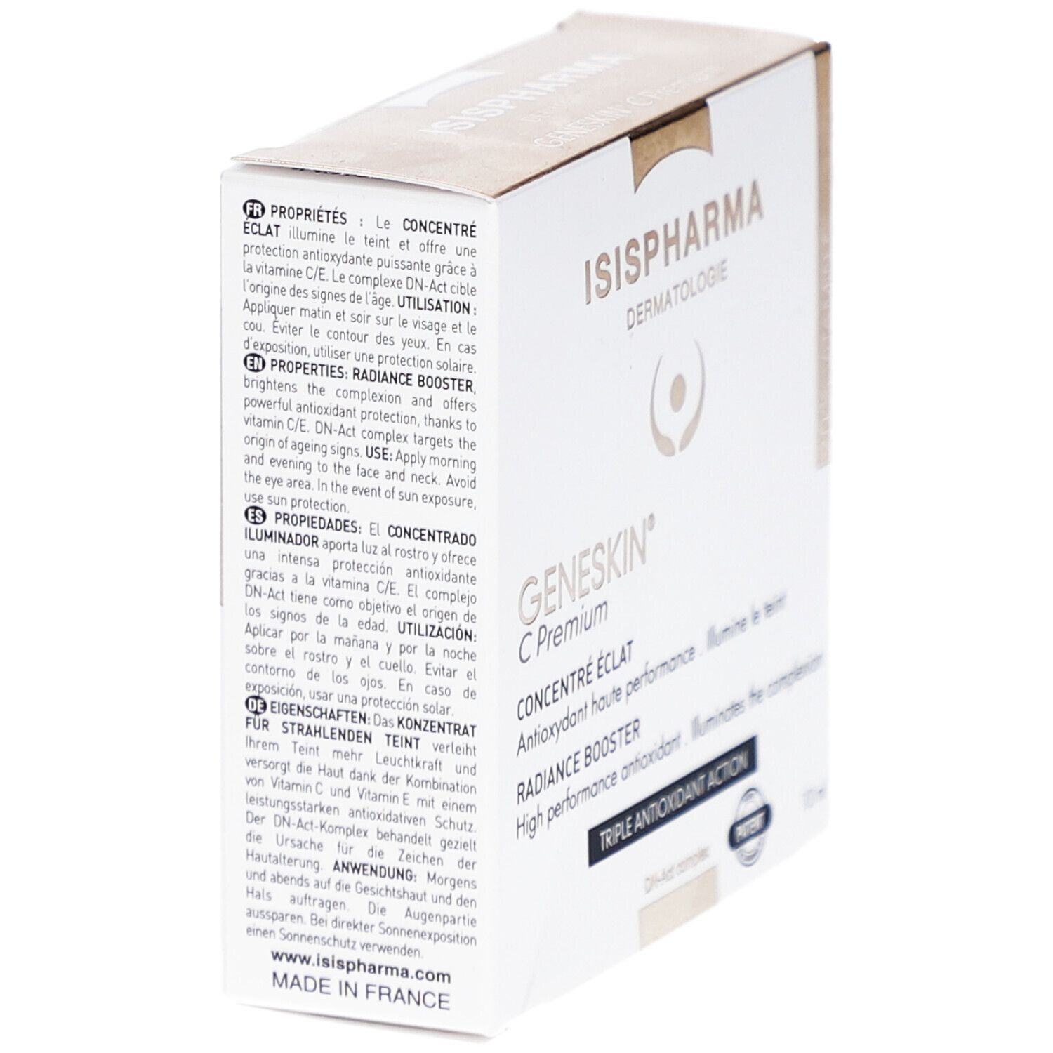 Schachtel mit Produktinformationen. Marke und Produktname sind aufgedruckt. Patent-Logo.