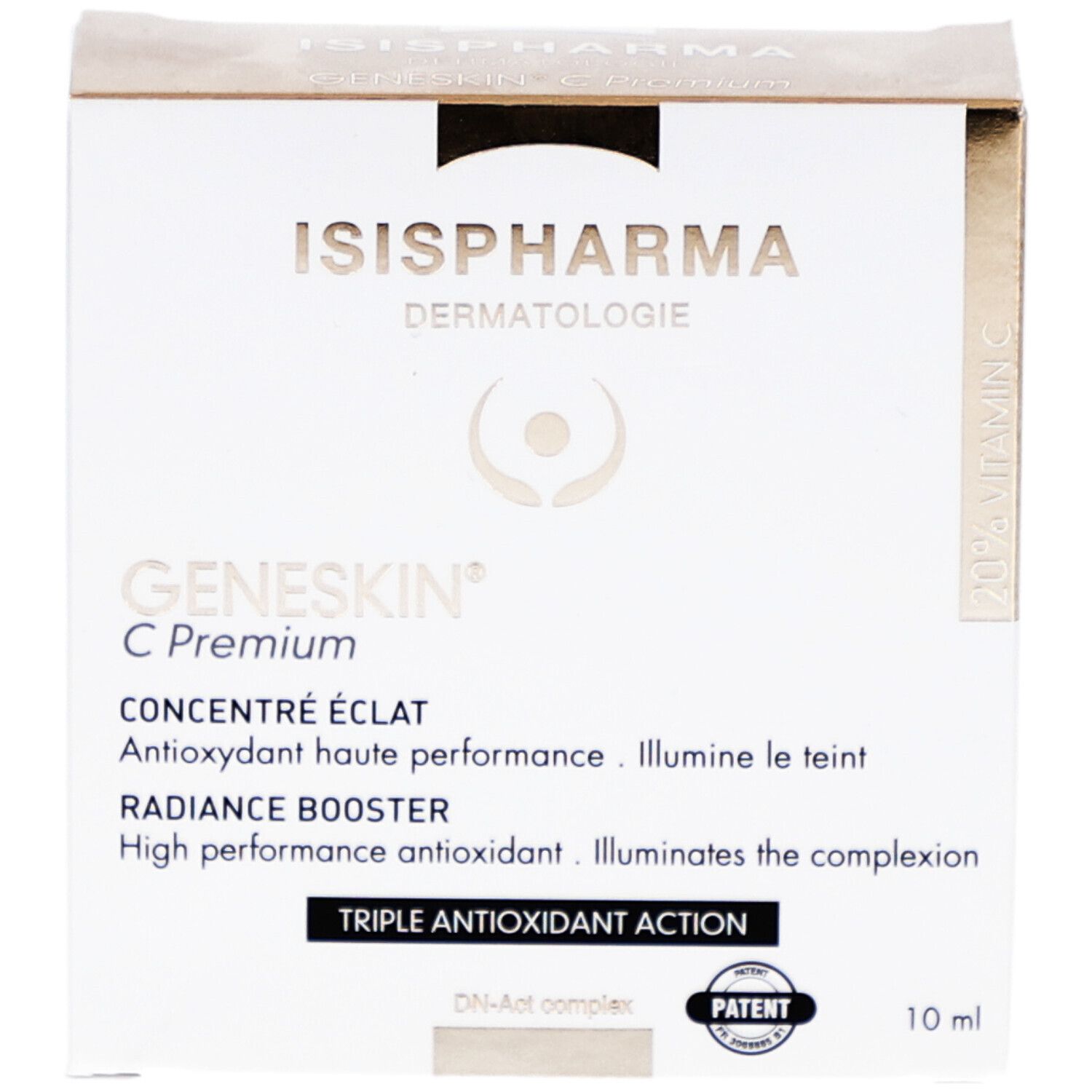 Weiße Schachtel mit Produktinformationen. Marke und Produktname sind aufgedruckt. Patent-Logo.