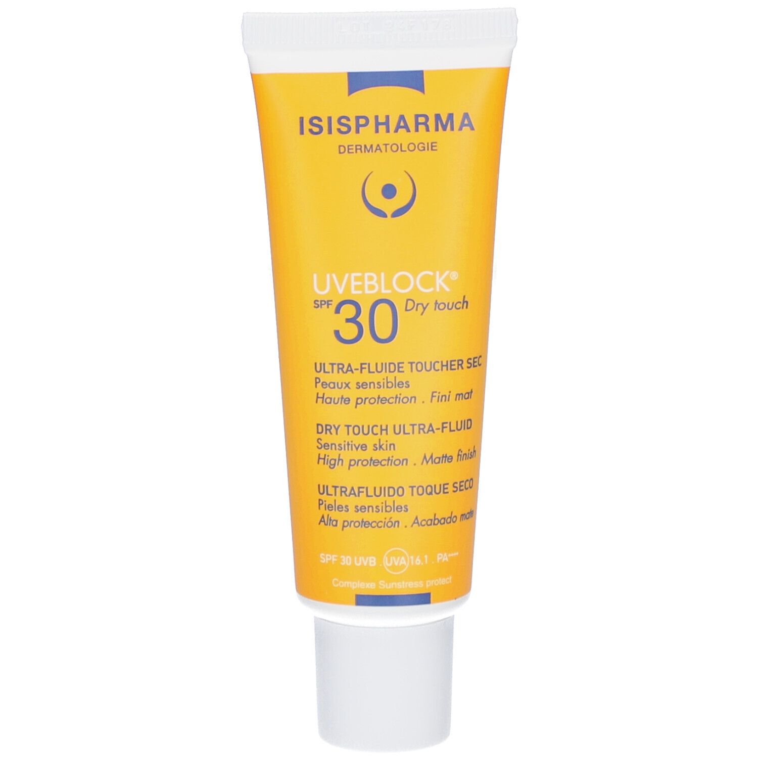 Tube jaune ISISPHARMA Uveblock SPF 30. Texte: Dry touch, Ultra-fluide, Peaux sensibles. Bouchon blanc.