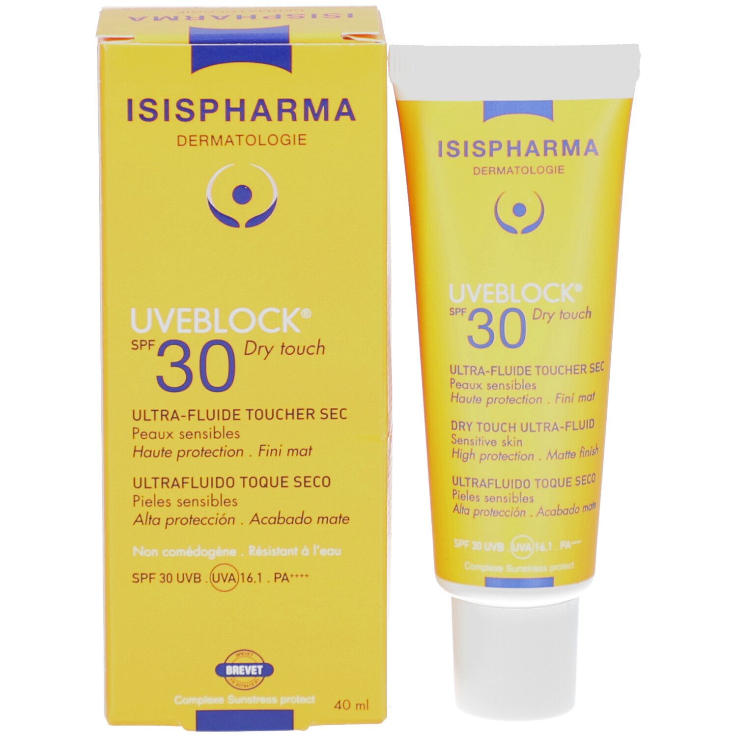 Emballage du produit: tube et boîte ISISPHARMA Uveblock SPF 30. Jaune, texte: Dry touch, Ultra-fluide.