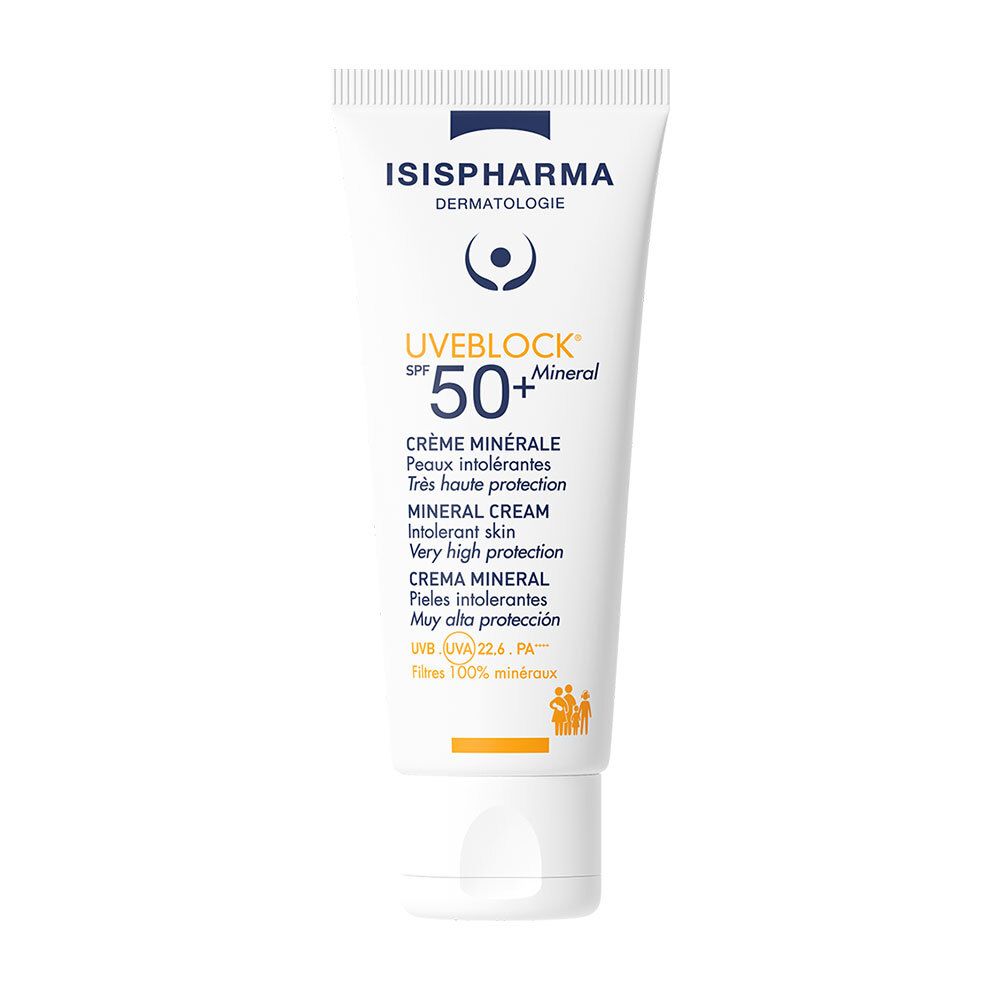 Tube blanc ISISPHARMA UVEBLOCK SPF 50+ Mineral. Texte multilingue. Crème minérale. Bouchon à vis.