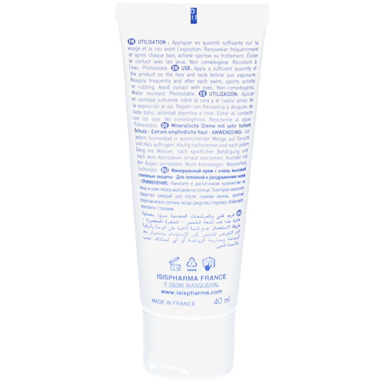 Dos du tube blanc. Texte multilingue. Informations d'utilisation et ingrédients. 40 ml.