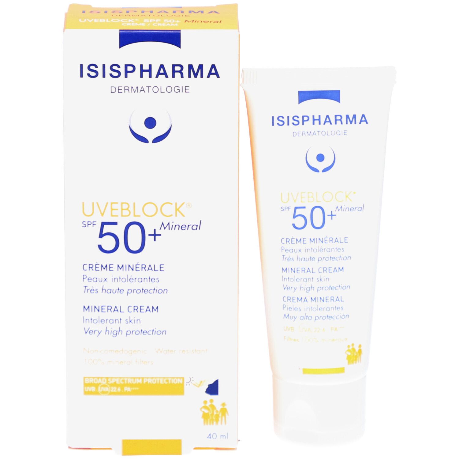 Emballage et tube. ISISPHARMA UVEBLOCK SPF 50+ Mineral. Tube blanc et boîte jaune.