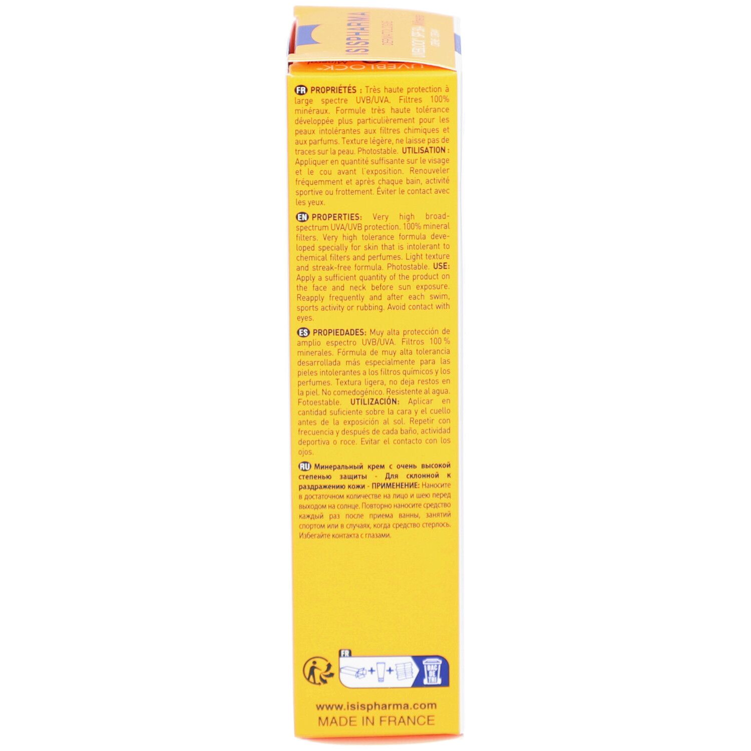 Boîte jaune, vue latérale. Texte multilingue. Informations sur les ingrédients et l'utilisation.