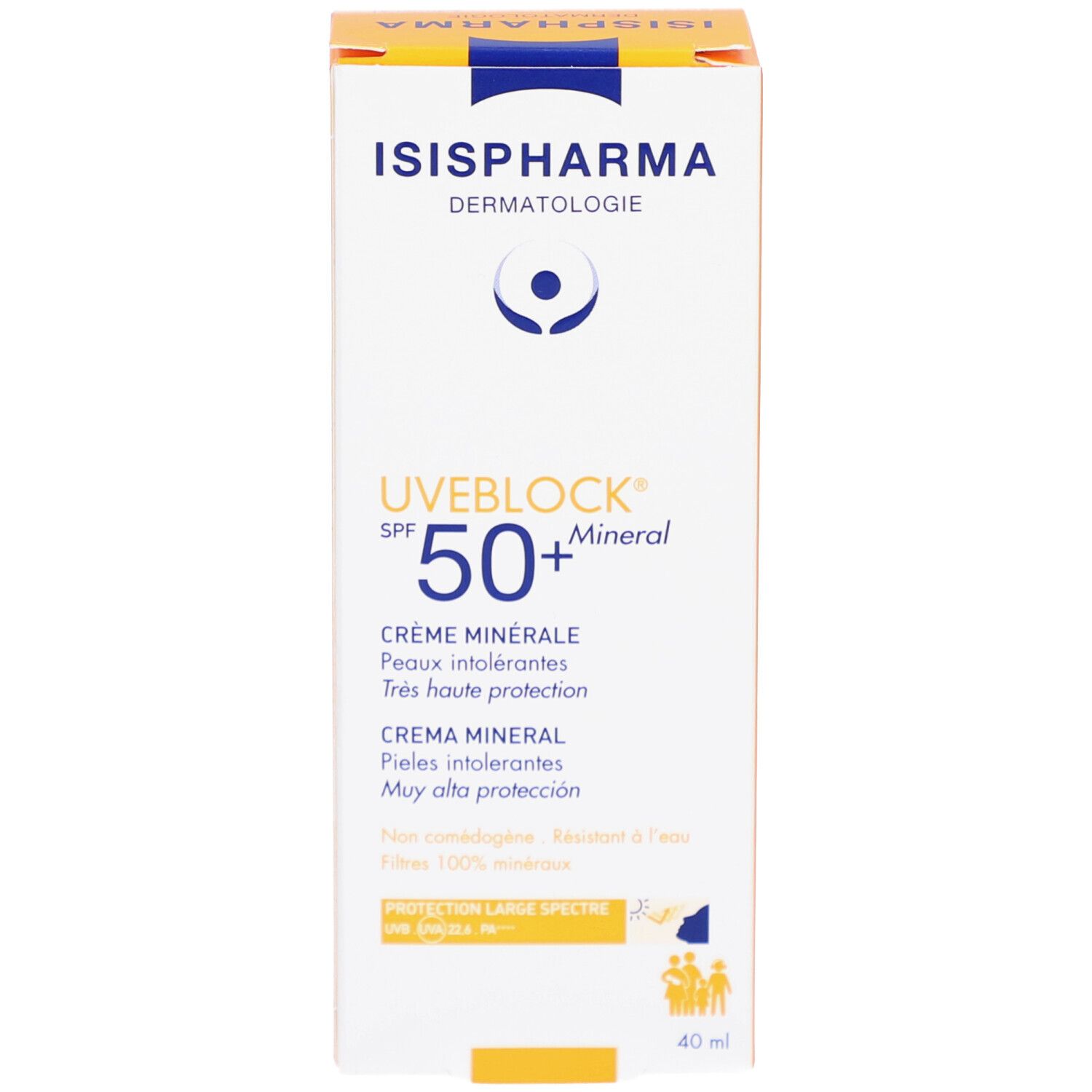Boîte jaune ISISPHARMA UVEBLOCK SPF 50+ Mineral. Texte multilingue. 40 ml.