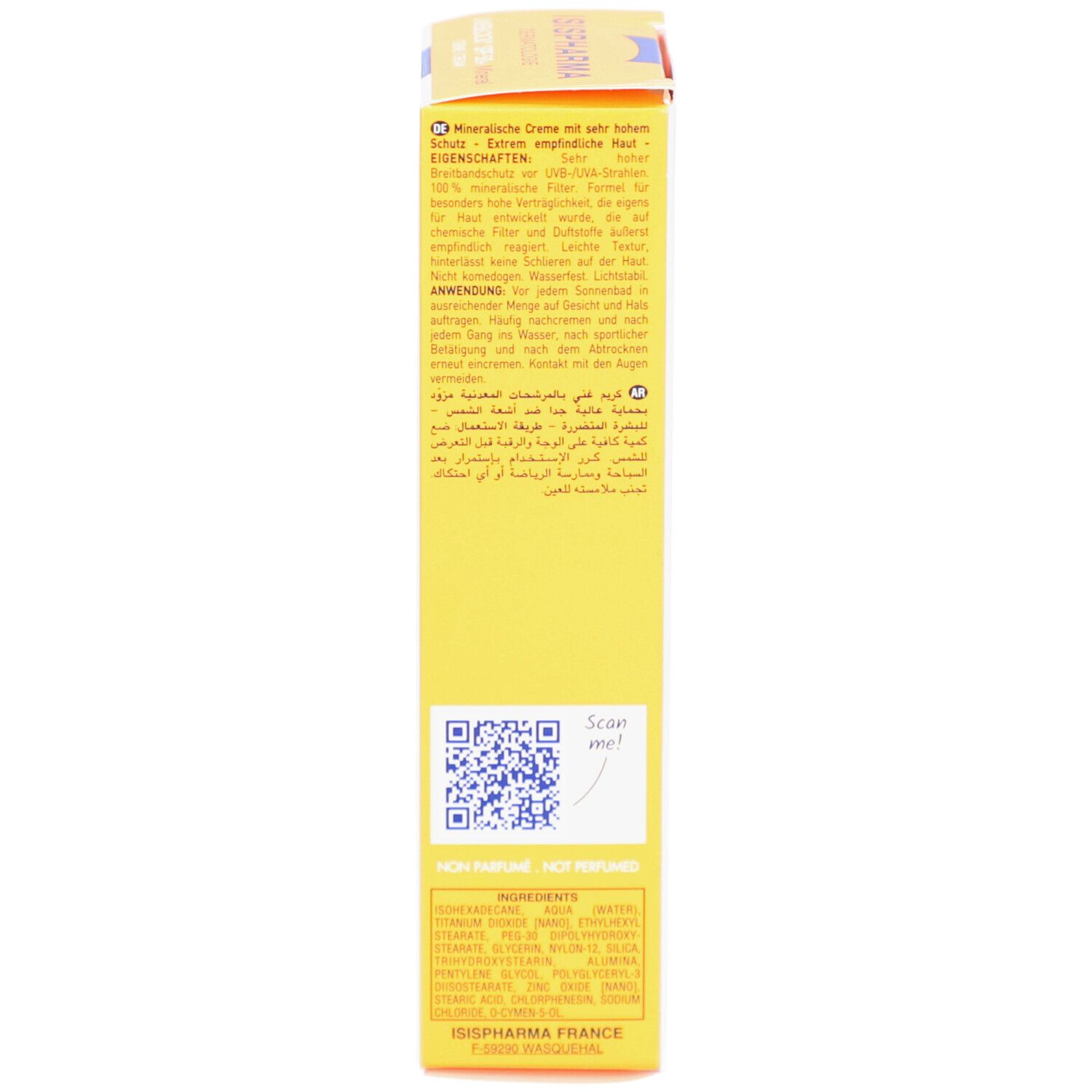 Boîte jaune, vue latérale. Texte multilingue. Informations sur les ingrédients et l'utilisation.