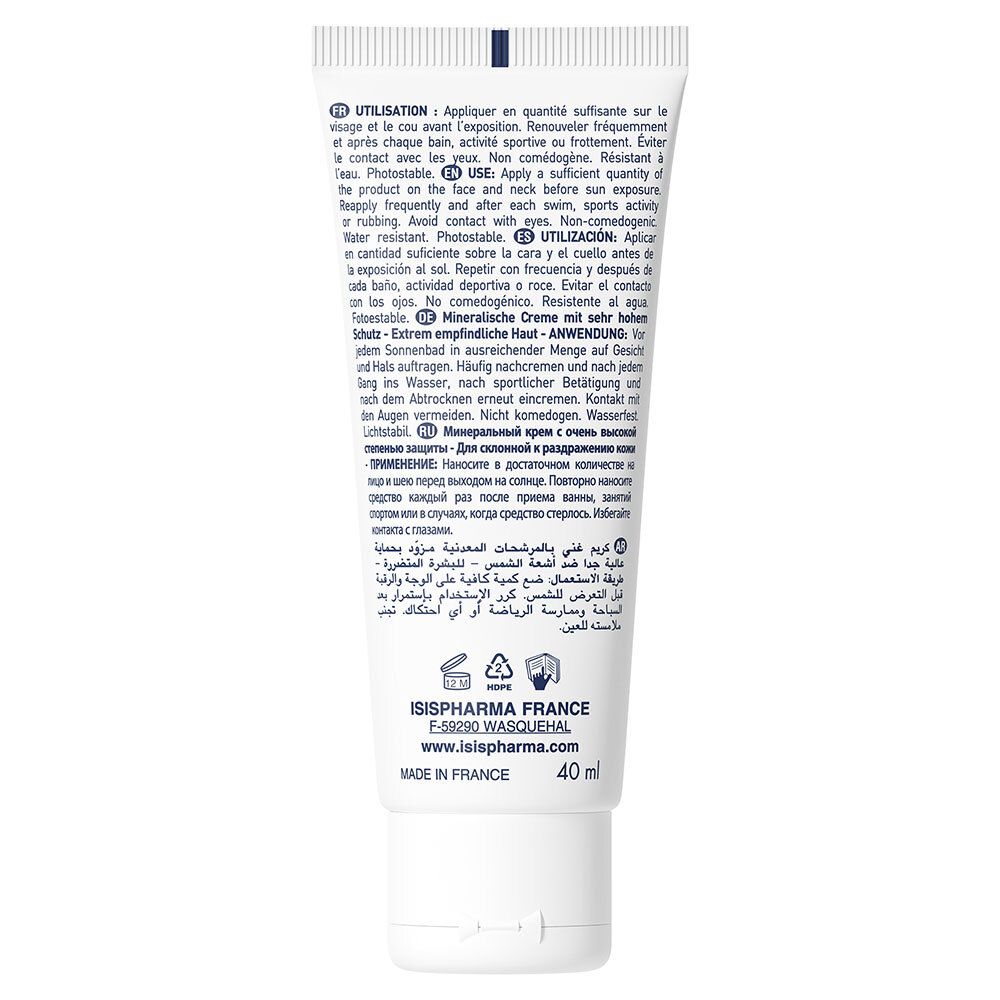 Dos du tube blanc. Texte multilingue. Informations d'utilisation et ingrédients. 40 ml.