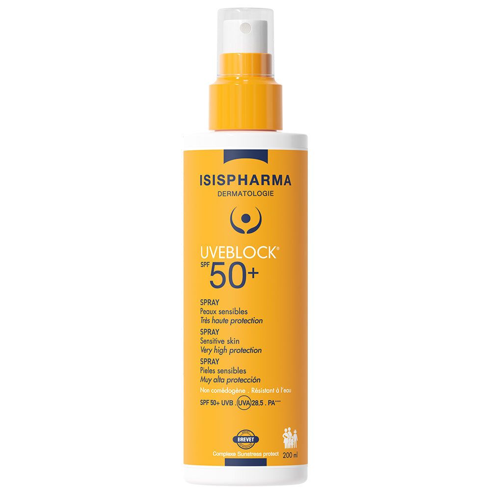 Spray solaire Uveblock SPF 50+ d'ISISPHARMA. Flacon jaune avec vaporisateur. Texte multilingue.