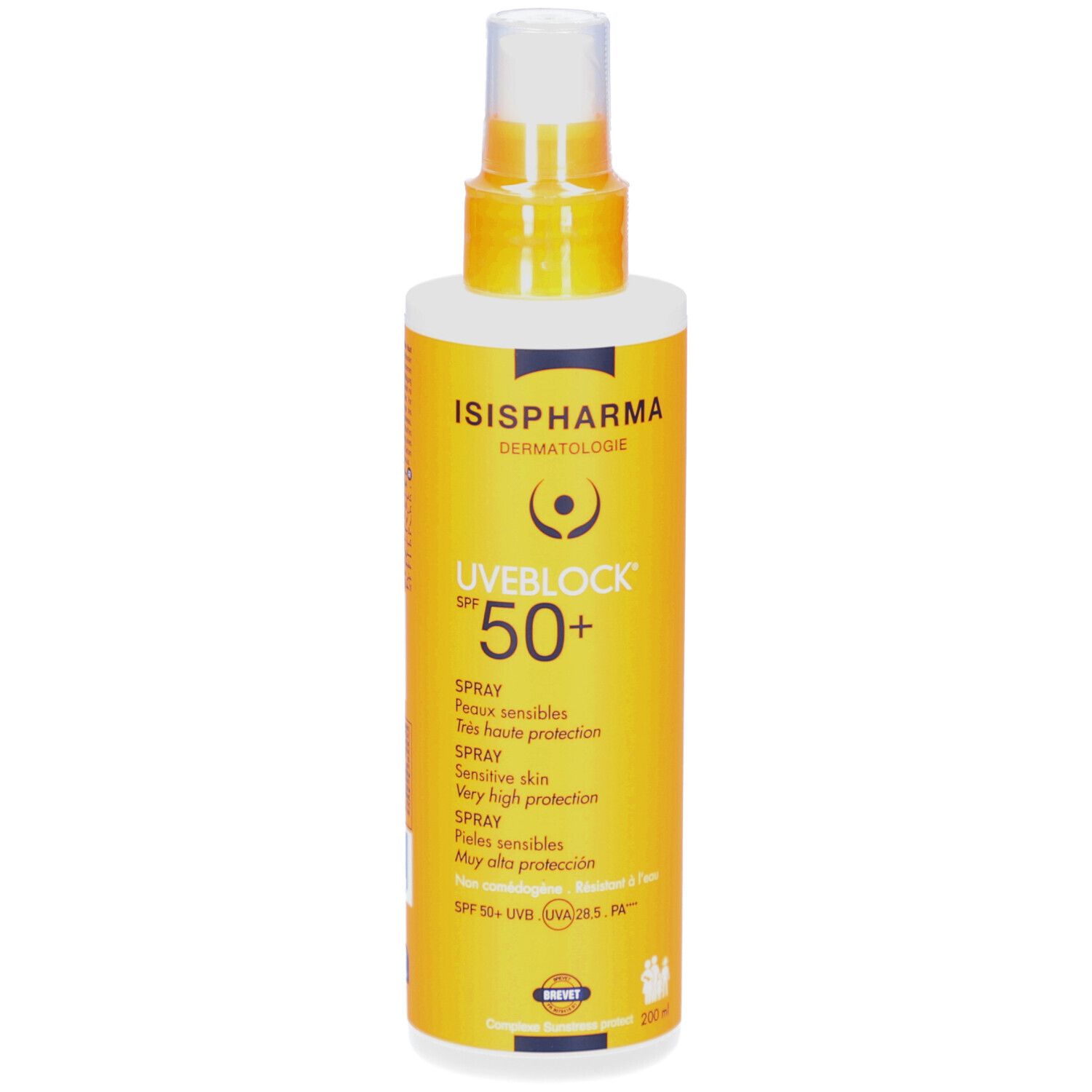 Spray solaire Uveblock SPF 50+ d'ISISPHARMA. Flacon jaune avec vaporisateur. Texte multilingue.