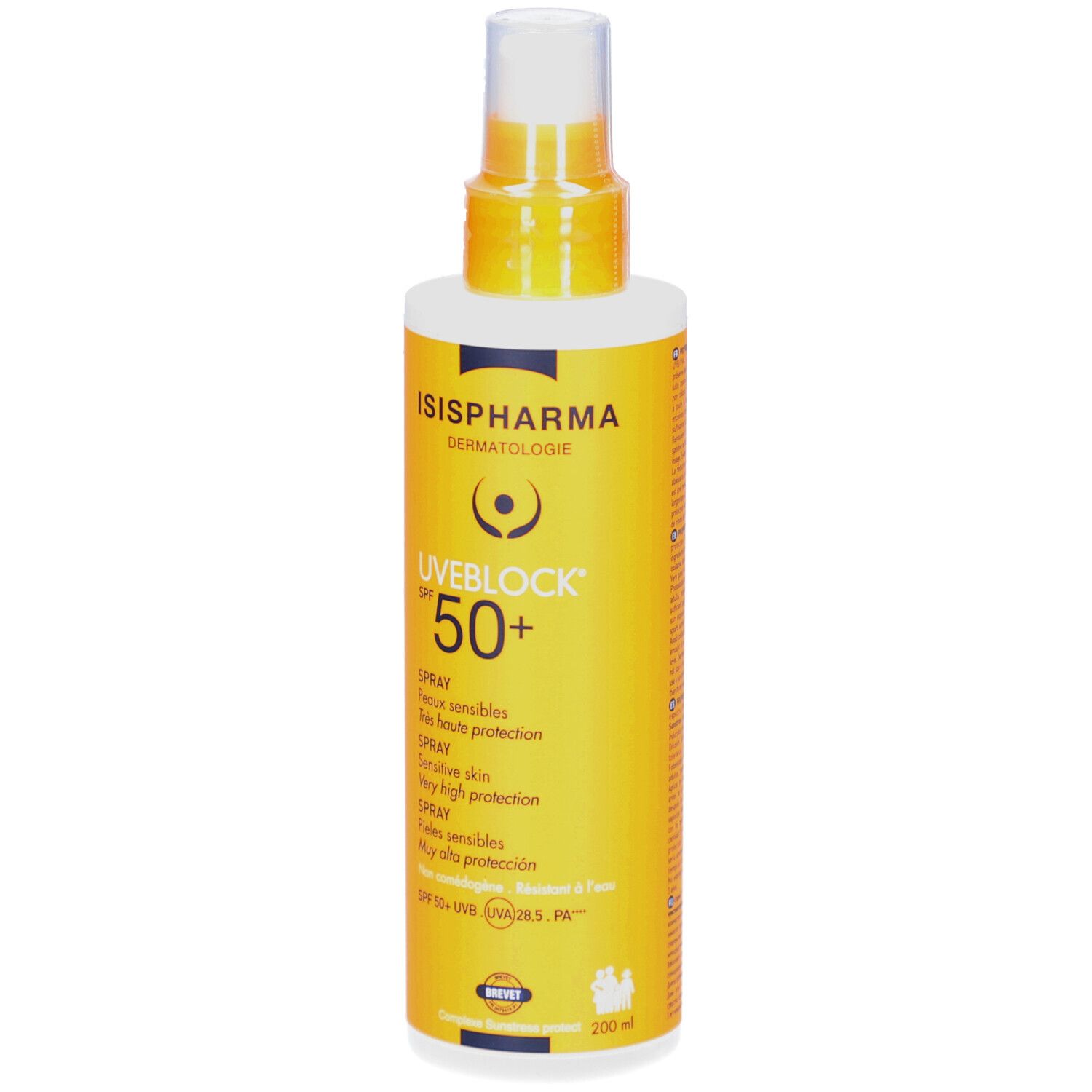 Spray solaire Uveblock SPF 50+ d'ISISPHARMA. Flacon jaune avec vaporisateur. Texte multilingue.