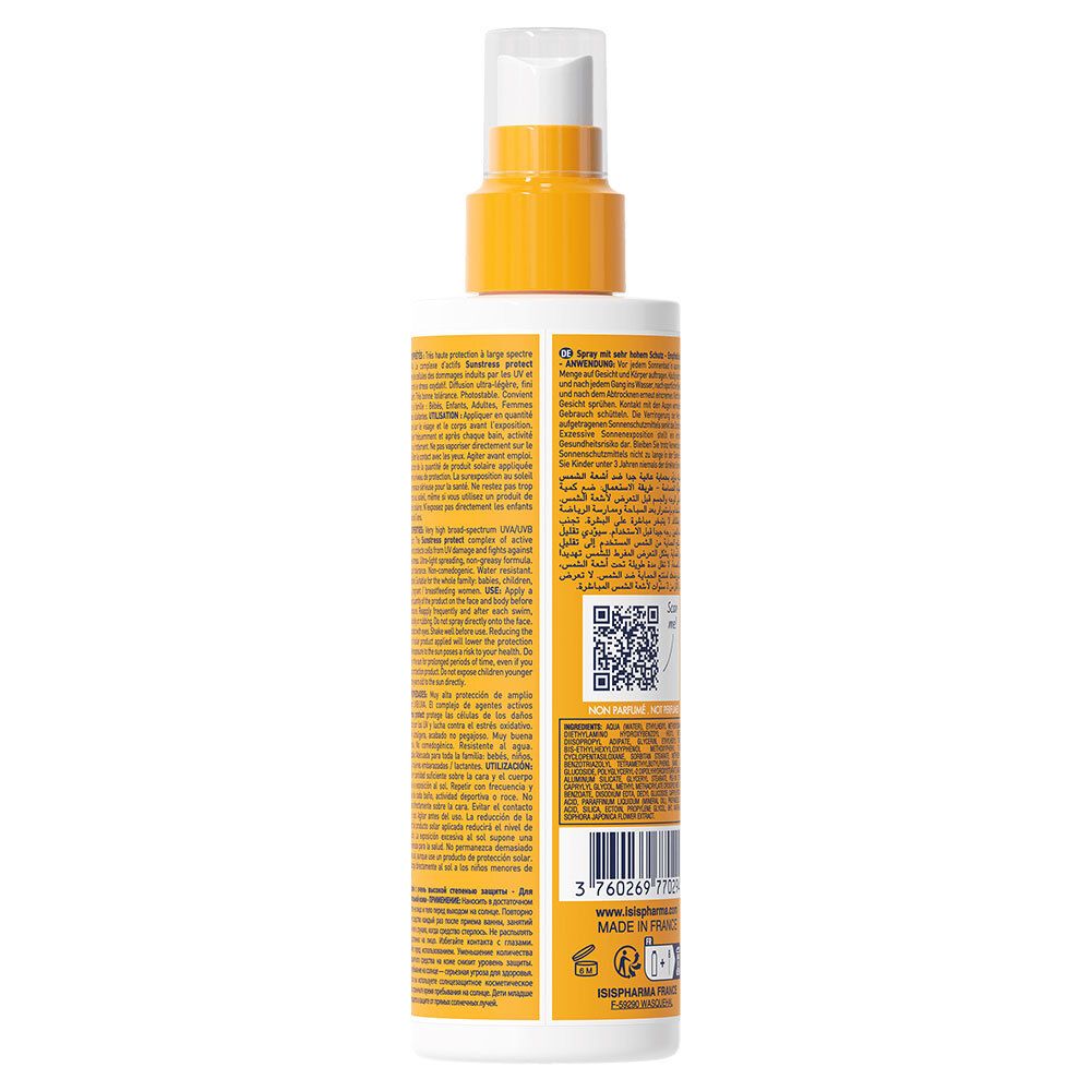 Dos du flacon de spray solaire. Texte multilingue. Code QR et code-barres.