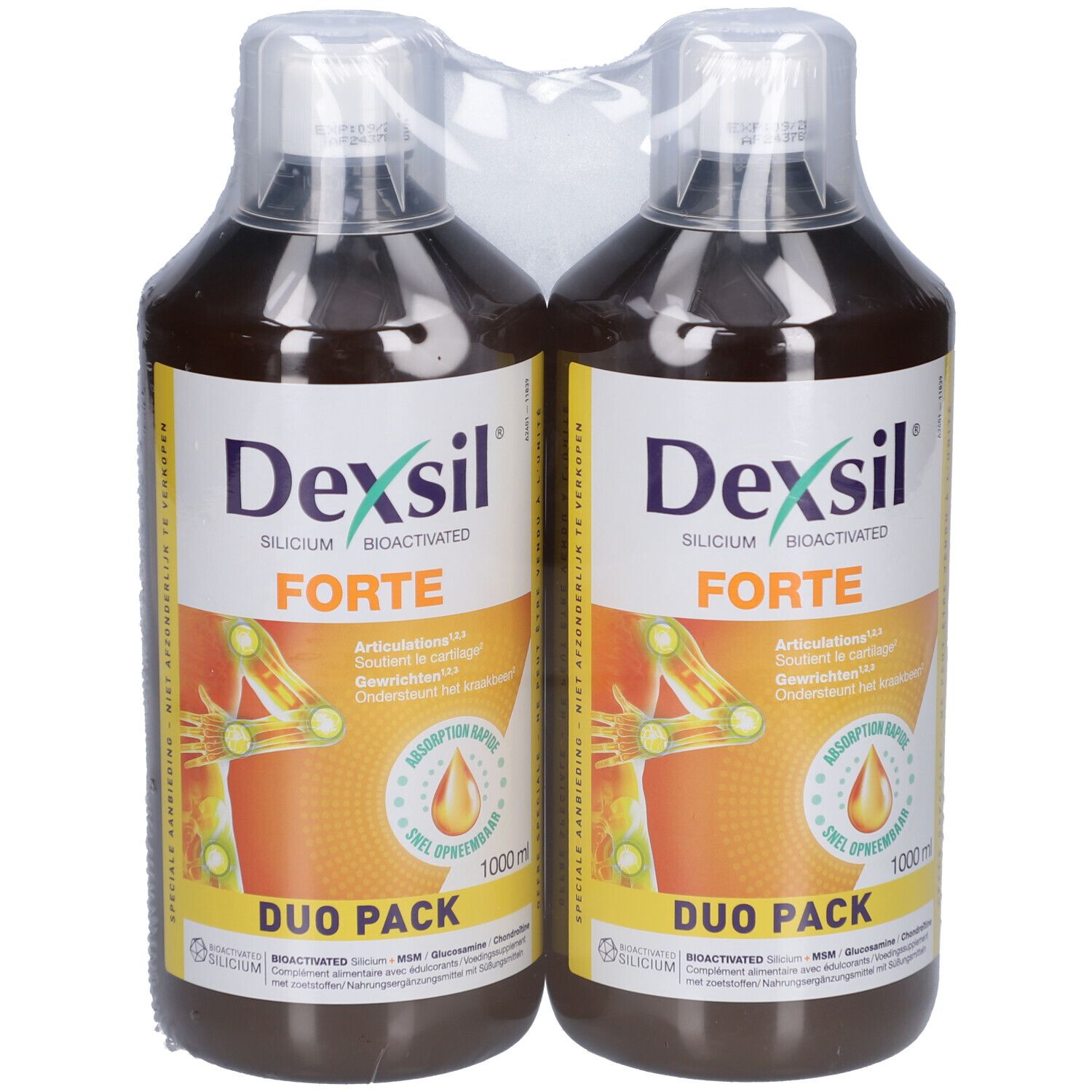 Duo Pack Dexsil Forte. Deux flacons avec étiquette. Inscription: Dexsil Forte, Silicium Bioactivé. Illustration articulations.