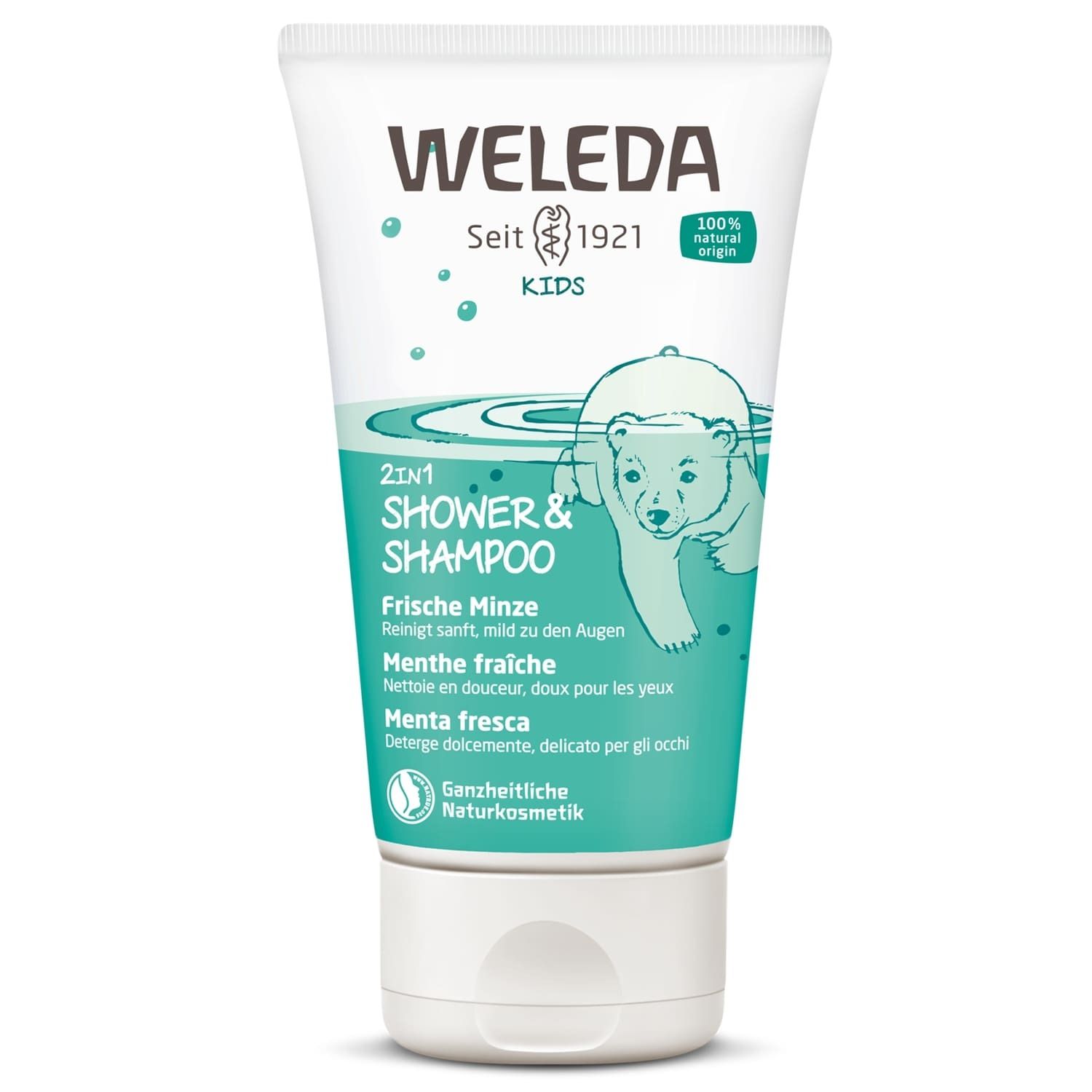 Tube de Weleda Kids 2en1 Crème de douche. Texte: Frische Minze, 100% d'origine naturelle. Illustration d'un ours polaire dans l'eau.