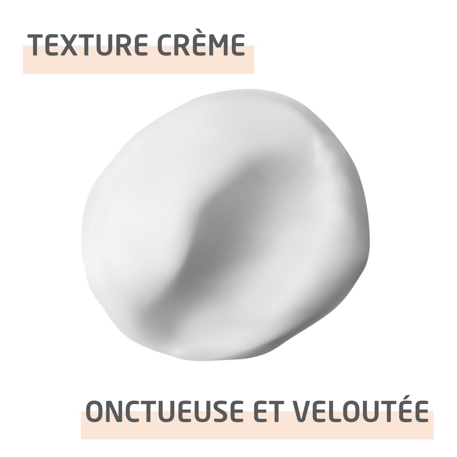 Texture crème blanche. Texte: Texture Crème, Onctueuse et Veloutée.