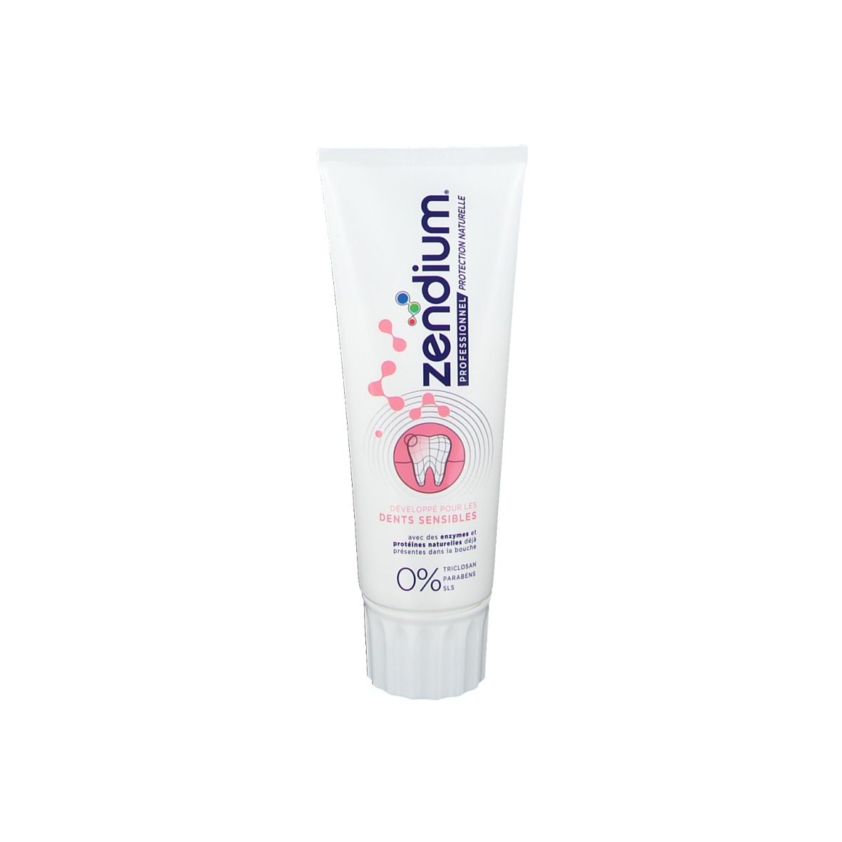 Zahnpasta-Tube, weiß, mit rosa und blauen Elementen. Aufschrift: Zendium, Professionnel Protection Naturelle, Dents Sensibles, 0%.
