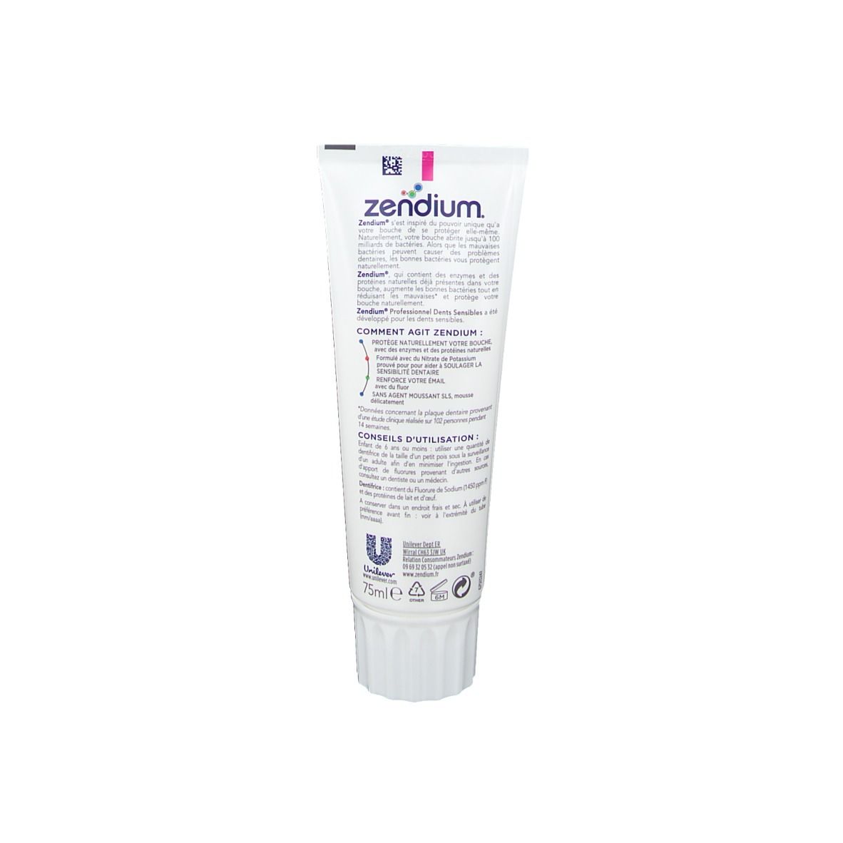 Rückseite der Zahnpasta-Tube. Text in mehreren Sprachen. Logo von Unilever. Volumen: 75 ml.