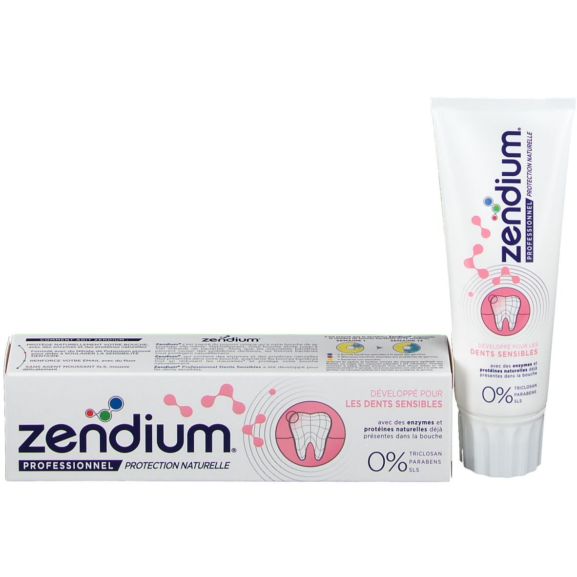 Zahnpasta-Tube und Schachtel. Aufschrift: Zendium, Professionnel Protection Naturelle, Dents Sensibles, 0%.