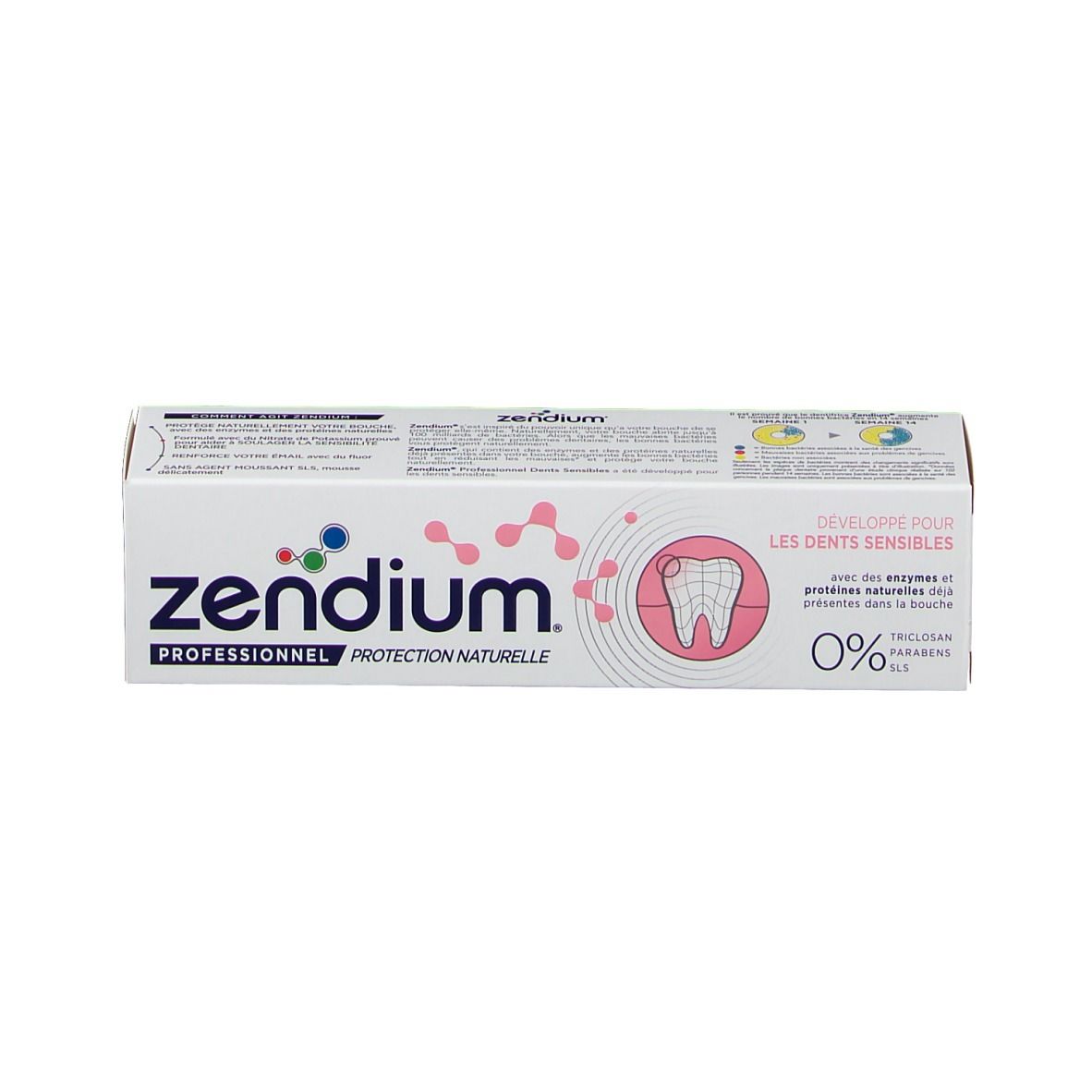 Zahnpasta-Schachtel, weiß, mit rosa und blauen Elementen. Aufschrift: Zendium, Professionnel Protection Naturelle, Dents Sensibles, 0%.