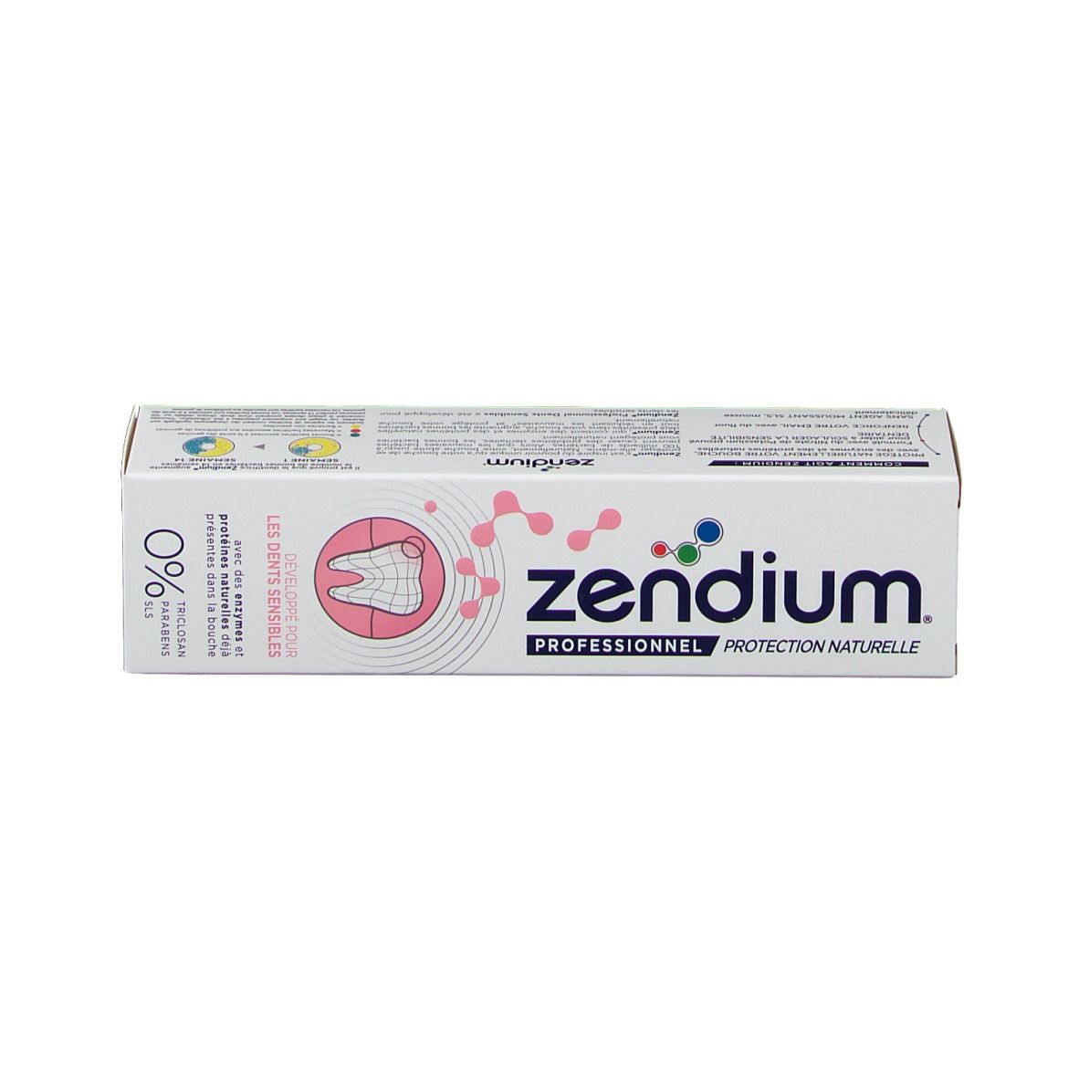 Zahnpasta-Schachtel, weiß, mit rosa und blauen Elementen. Aufschrift: Zendium, Professionnel Protection Naturelle, Dents Sensibles, 0%.
