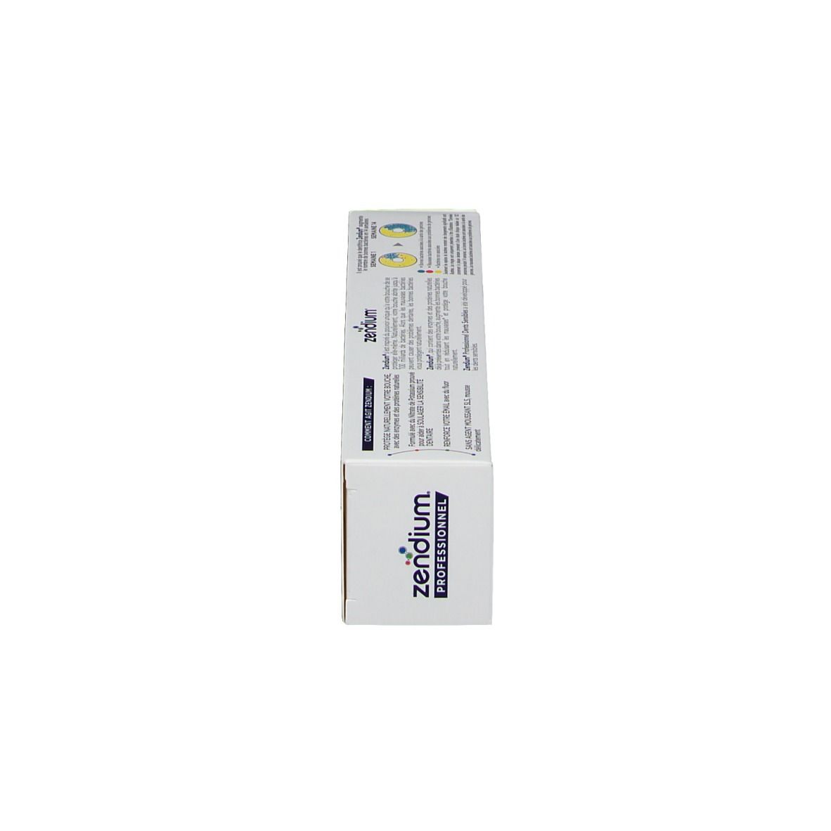 Zahnpasta-Schachtel, Seitenansicht. Aufschrift: Zendium, Professionnel Protection Naturelle.