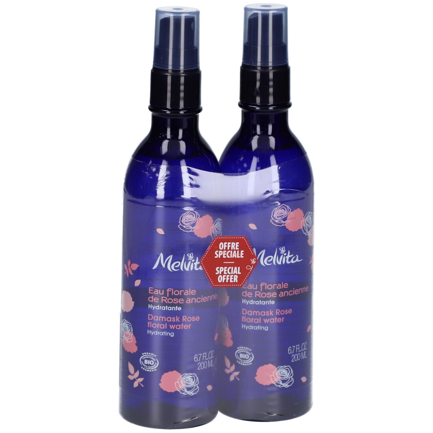 Deux flacons bleus avec logo Melvita et étiquette. Inscription : Eau florale de Rose ancienne, 200 ml. Offre spéciale.