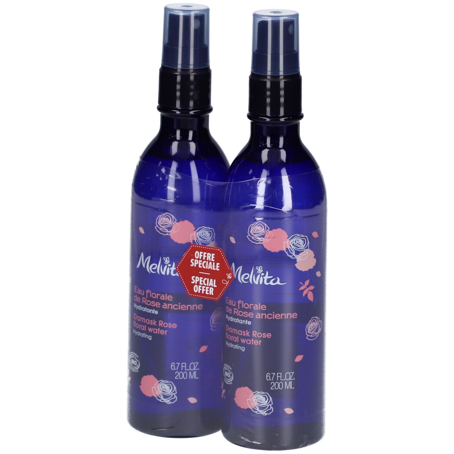 Deux flacons bleus avec logo Melvita et étiquette. Inscription : Eau florale de Rose ancienne, 200 ml. Offre spéciale.