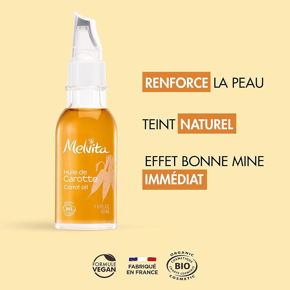 Produktflasche mit Text: „Renforce la peau“, „Teint naturel“, „Effet bonne mine“. Vegan-Logo, BIO-Zertifizierung.