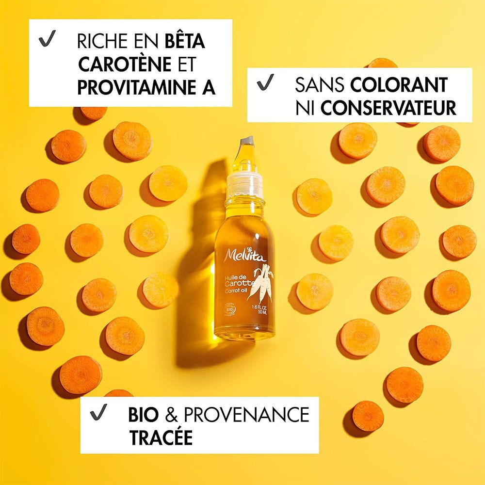 Produktflasche umgeben von Karotten. Text: „Riche en bêta carotène“, „Sans colorant“. BIO-Zertifizierung.