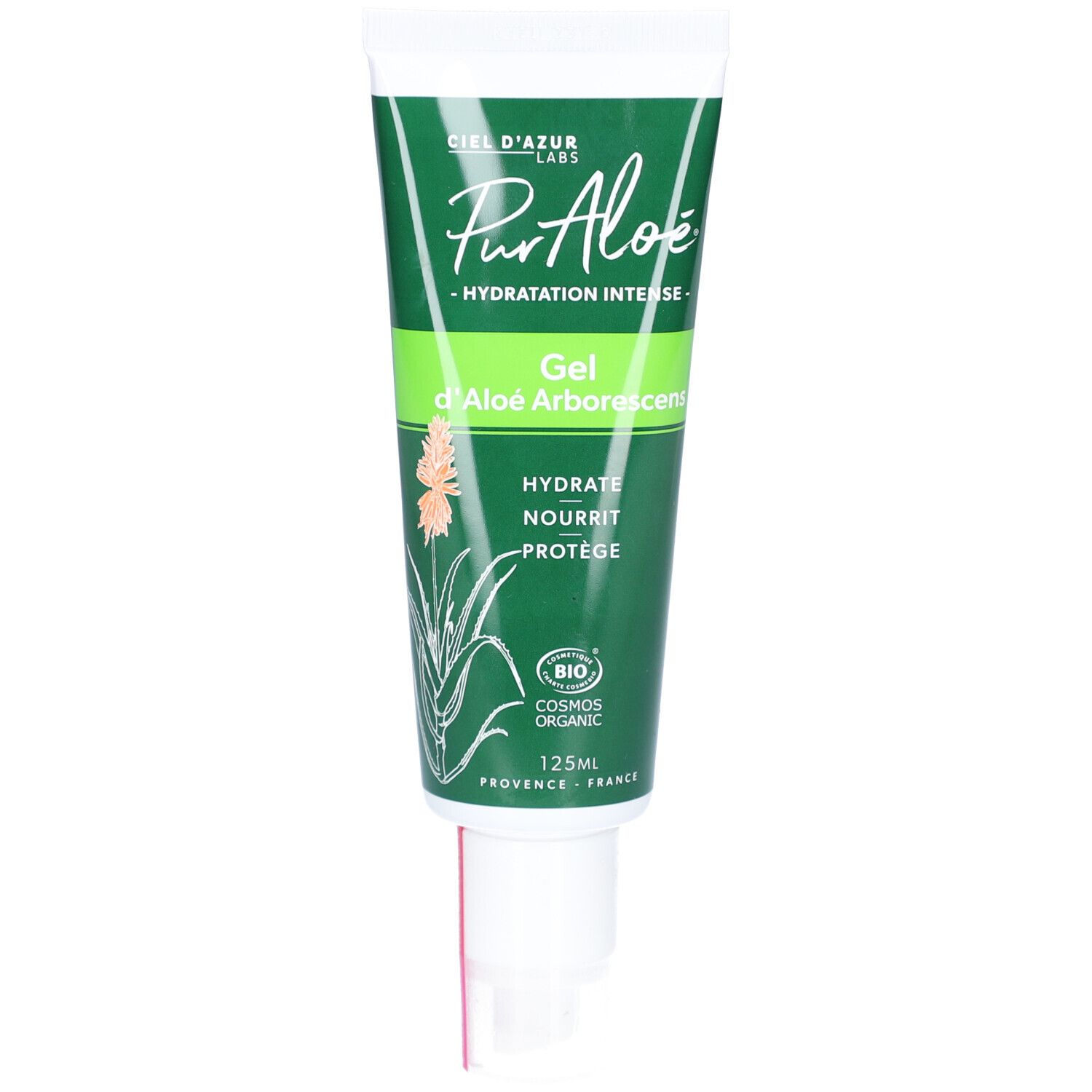 Grüne Tube mit CIEL D'AZUR PurAloé Gel. Text: Gel d'Aloe Arborescens, Hydratation Intense. Bio-Zertifizierung.