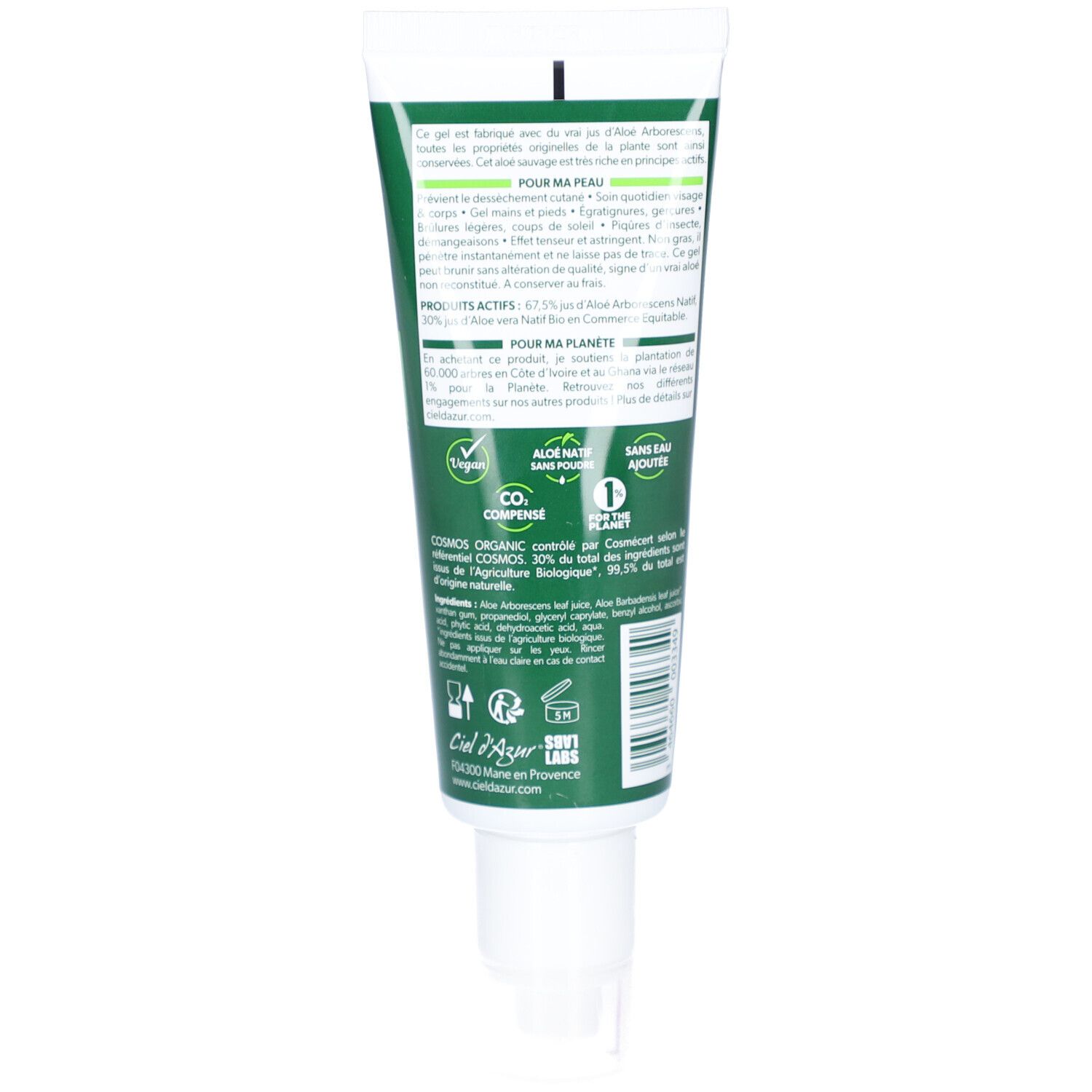 Rückseite der grünen Tube. Text: CIEL D'AZUR, Informationen zum Produkt, Bio-Zertifizierung, CO2-Kompensation.
