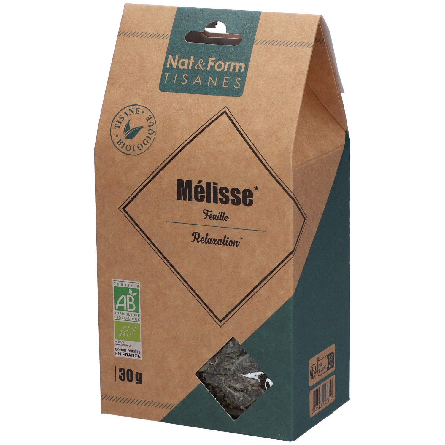 Braune Verpackung mit grünem Akzent. Aufschrift: Mélisse, feuille, Relaxation. Bio-Siegel. Sichtfenster mit Kräutern.