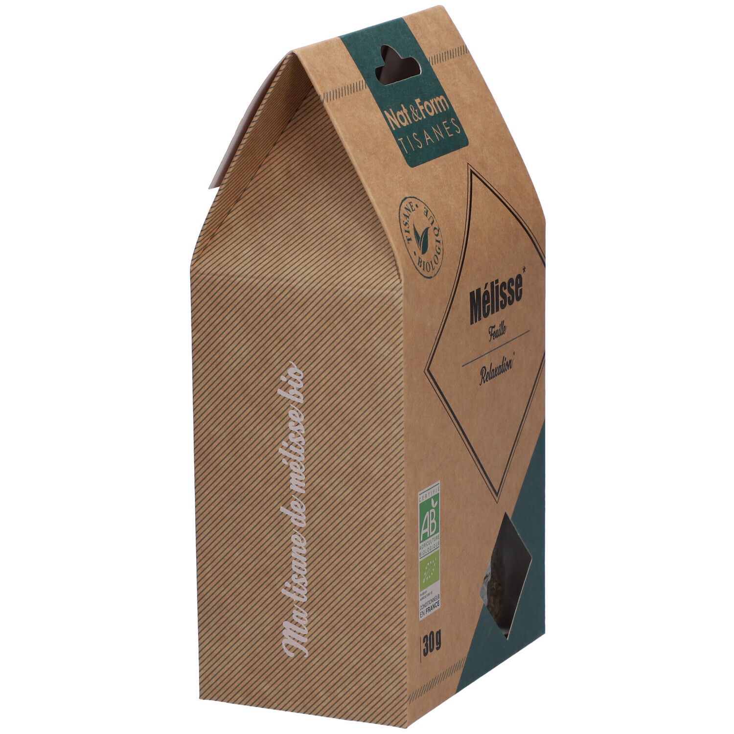 Braune Verpackung, Seitenansicht. Aufschrift: Mélisse bio. Logo und Text: Nat&Form Tisanes. Sichtfenster mit Kräutern.