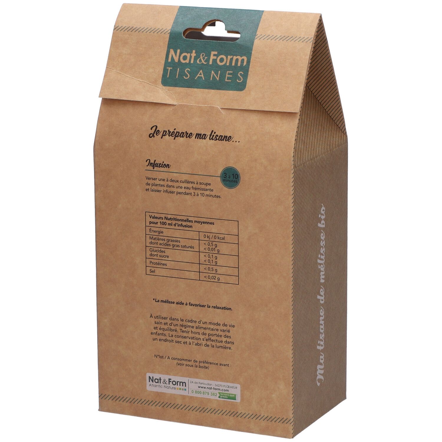 Rückseite der Verpackung. Text: Nährwertangaben, Zubereitungshinweise. Logo: Nat&Form. Aufschrift: Ma tisane de mélisse bio.