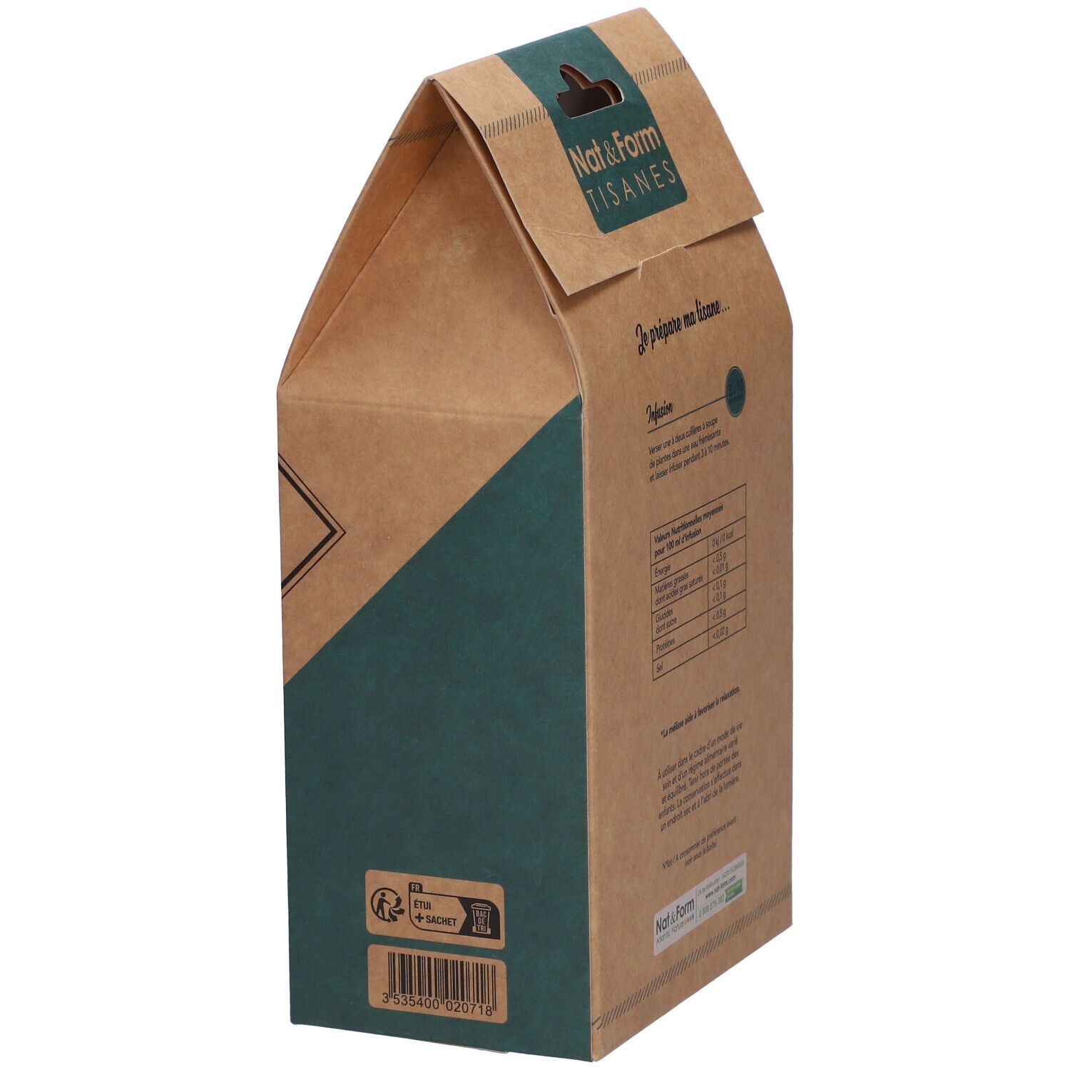 Verpackung, Seitenansicht. Text: Zubereitungshinweise. Logo: Nat&Form. Aufschrift: 3 préparent ma tisane. Bio-Siegel.