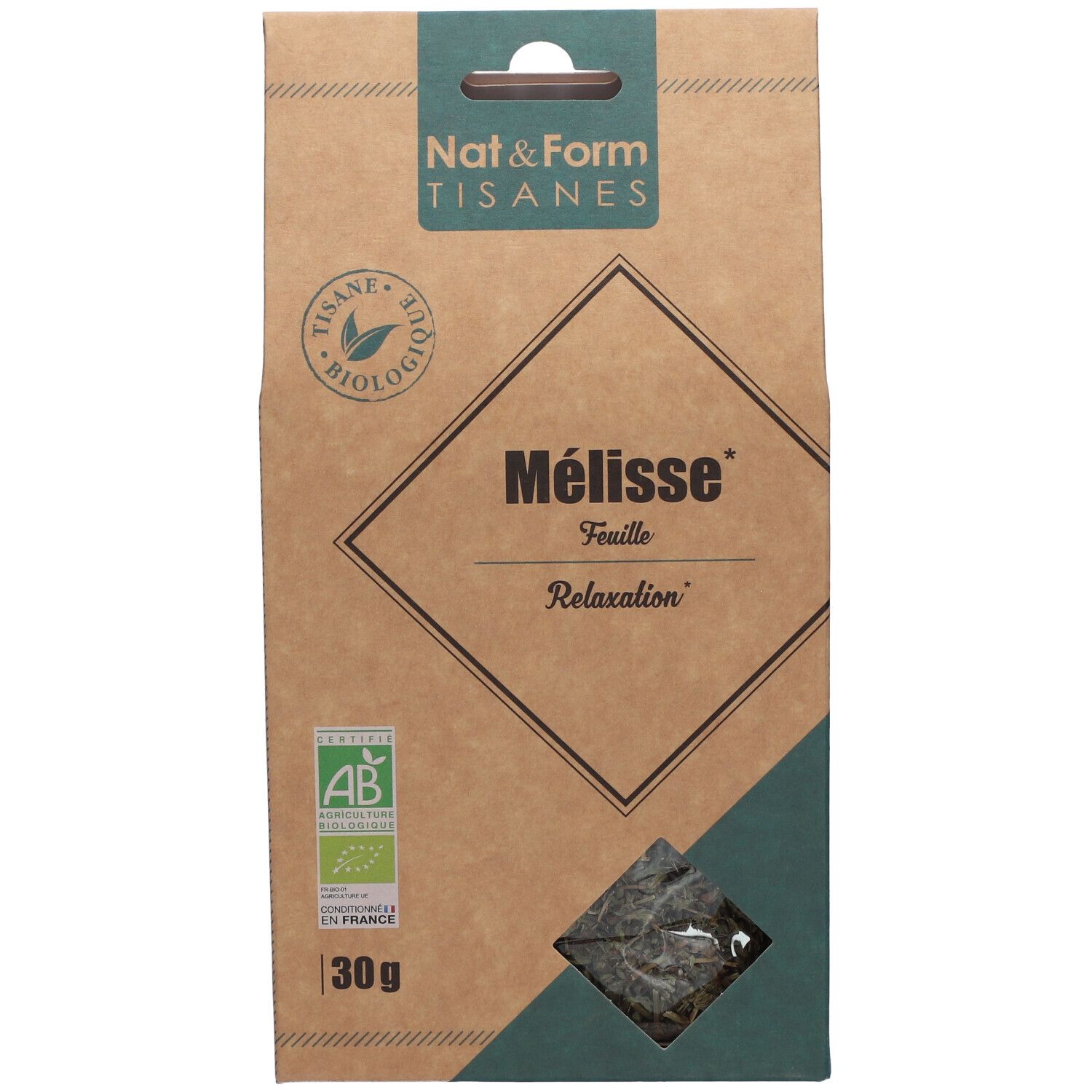 Braune Verpackung mit grünem Akzent. Aufschrift: Mélisse, feuille, Relaxation. Bio-Siegel. Sichtfenster mit Kräutern. 30g.