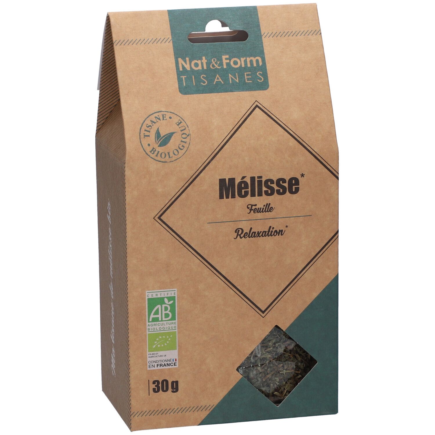 Braune Verpackung mit grünem Akzent. Aufschrift: Mélisse, feuille, Relaxation. Bio-Siegel. Sichtfenster mit Kräutern. 30g.
