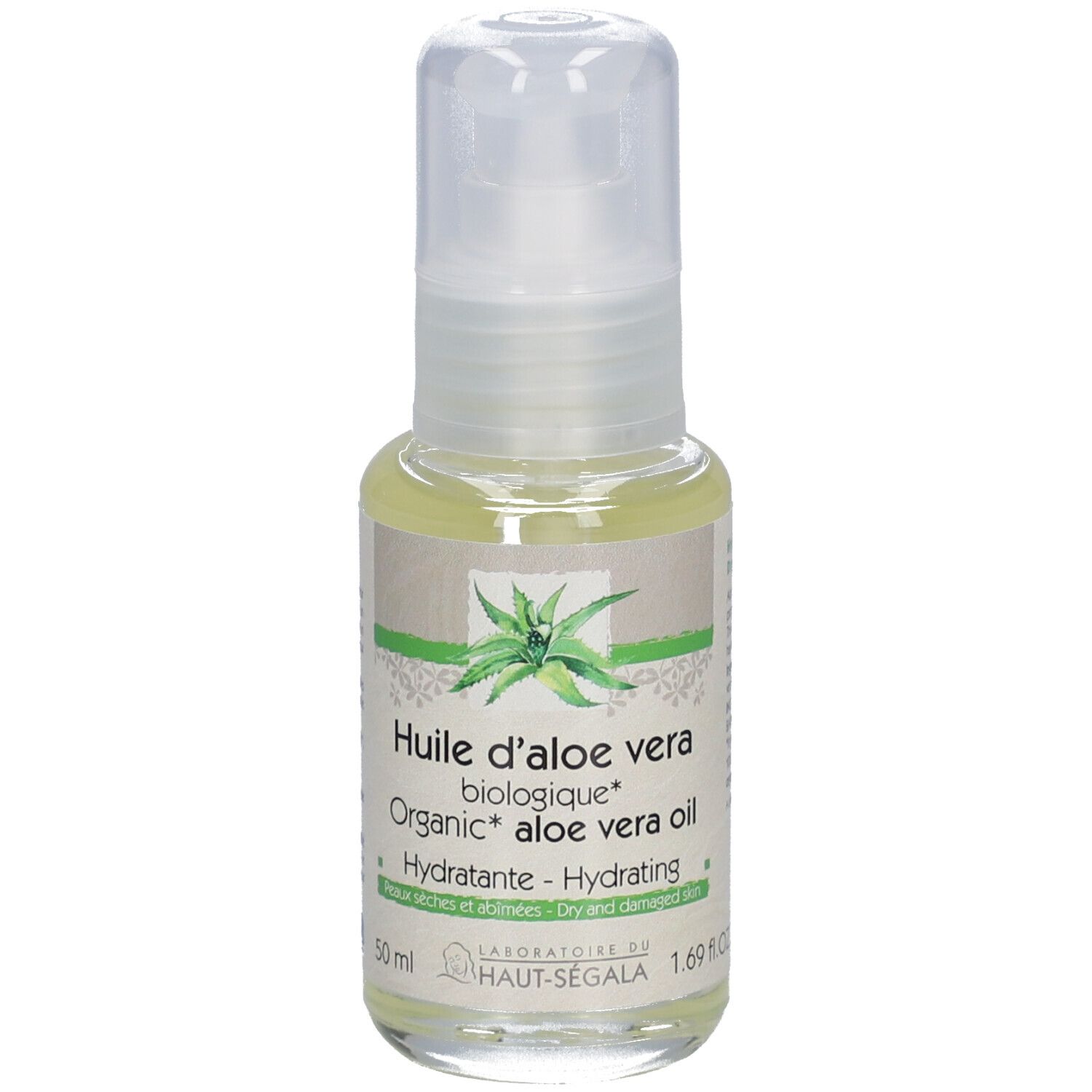 Aloe Vera Öl-Fläschchen mit Pumpverschluss. Aufschrift: Huile d'aloe vera biologique, Hydratante, Peaux sèches et abîmées. 50 ml.