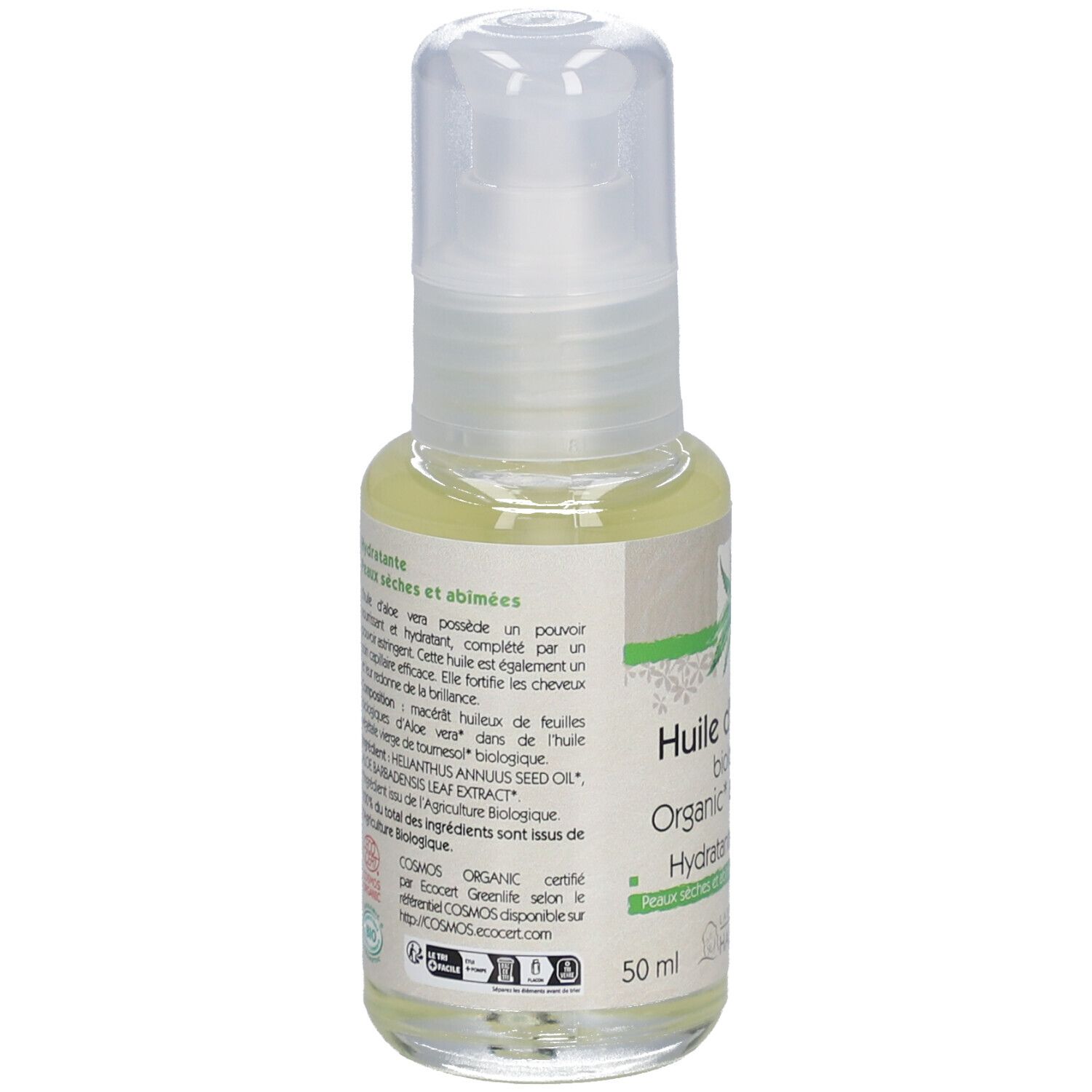 Rückseite des Aloe Vera Öl-Fläschchens. Aufschrift: Huile d'aloe vera biologique, Hydratante, Peaux sèches et abîmées. 50 ml. Bio-Siegel.