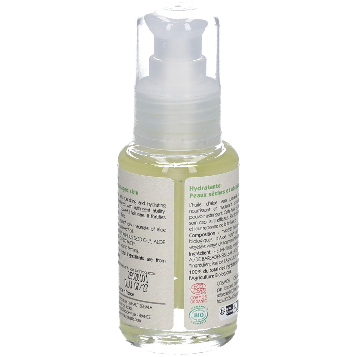 Rückseite des Aloe Vera Öl-Fläschchens. Aufschrift: Hydratante, Peaux sèches et abîmées. Inhaltsstoffe, Bio-Siegel, Herkunft.