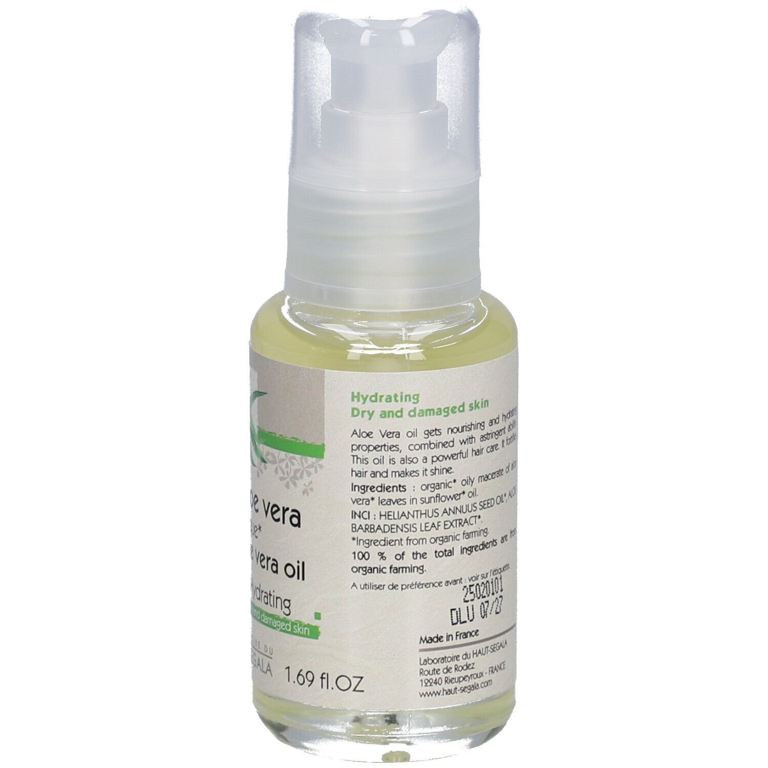 Rückseite des Aloe Vera Öl-Fläschchens. Aufschrift: Hydrating, Dry and damaged skin. Inhaltsstoffe, Bio-Siegel, Herkunft.
