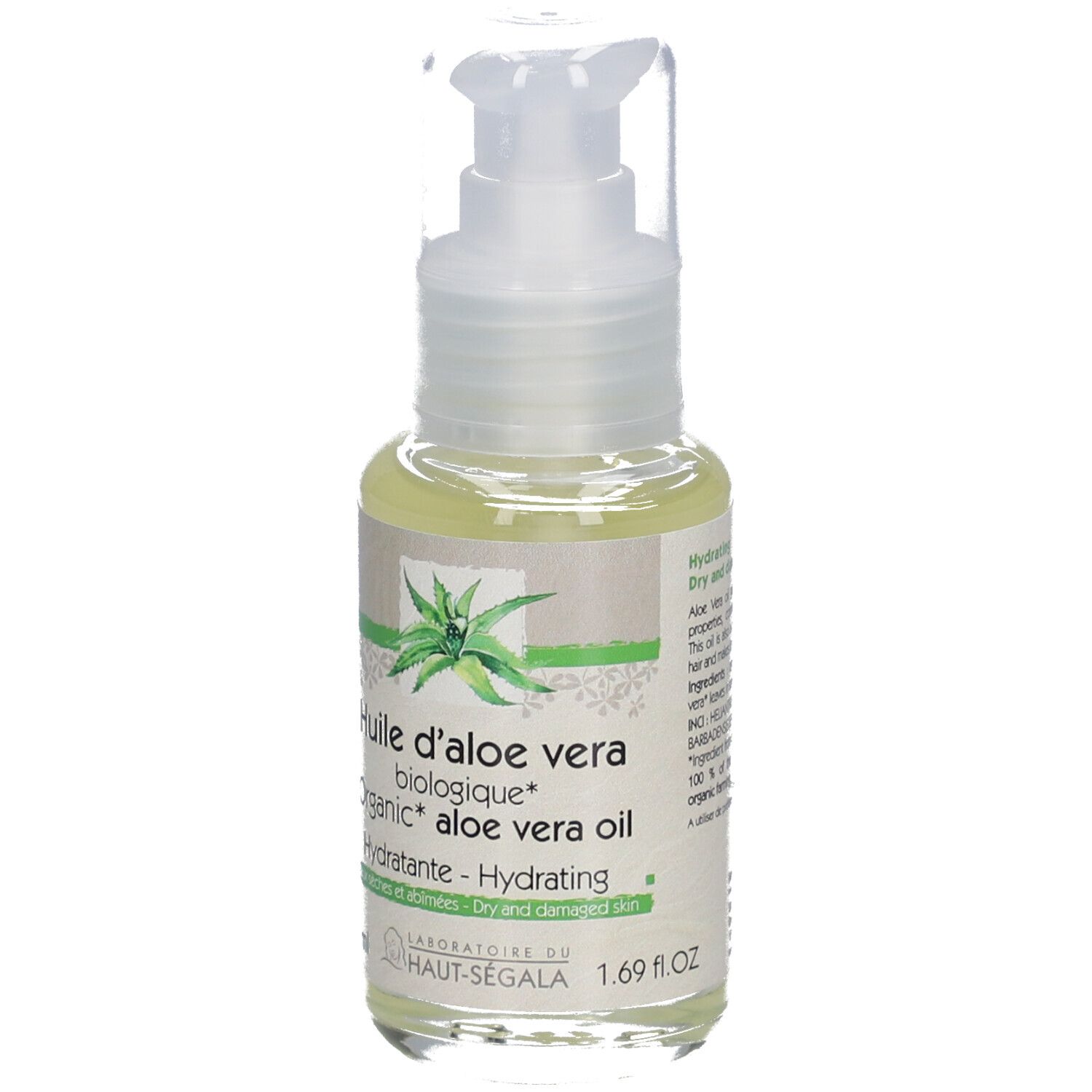 Aloe Vera Öl-Fläschchen mit Pumpverschluss. Aufschrift: Huile d'aloe vera biologique, Hydratante, Peaux sèches et abîmées. 1.69 fl.oz.