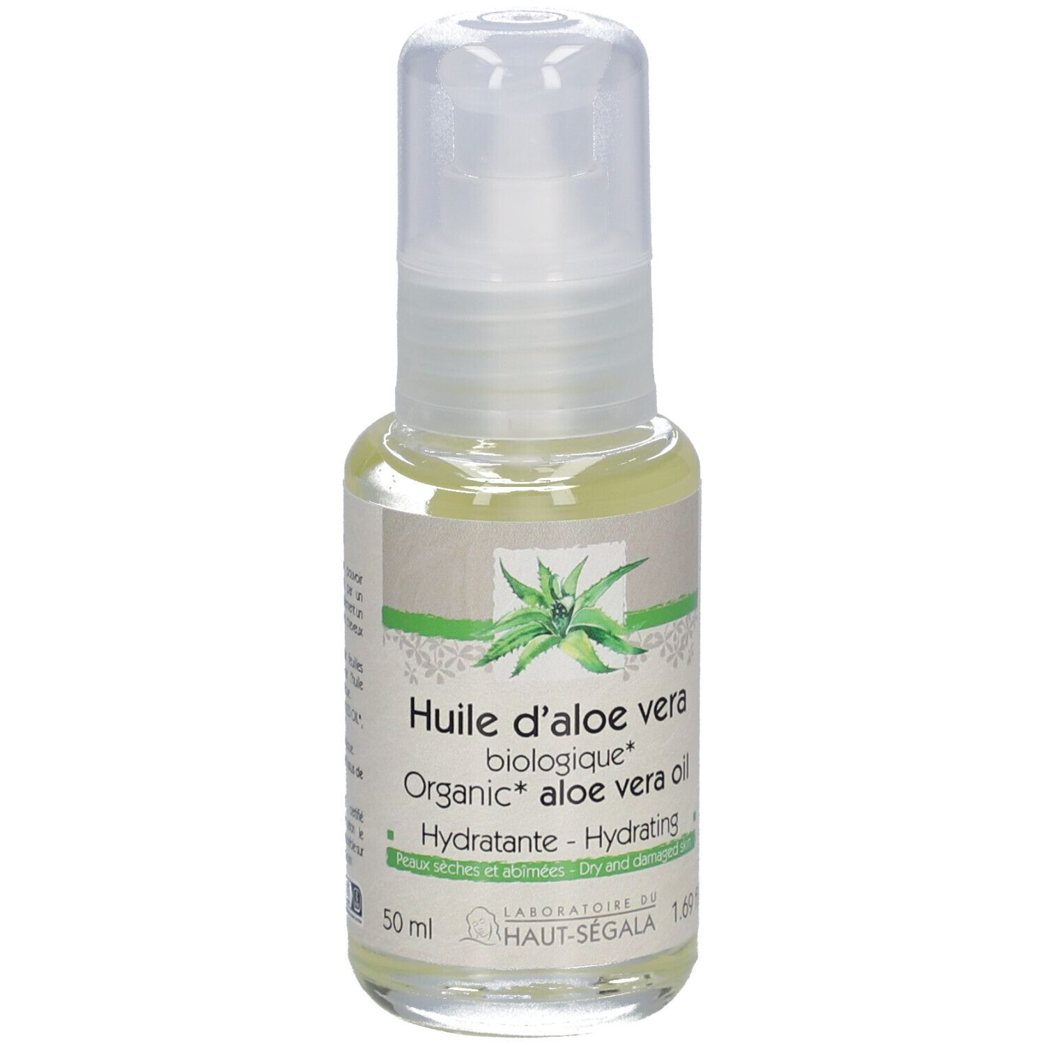 Aloe Vera Öl-Fläschchen mit Pumpverschluss. Aufschrift: Huile d'aloe vera biologique, Hydratante, Peaux sèches et abîmées. 50 ml.