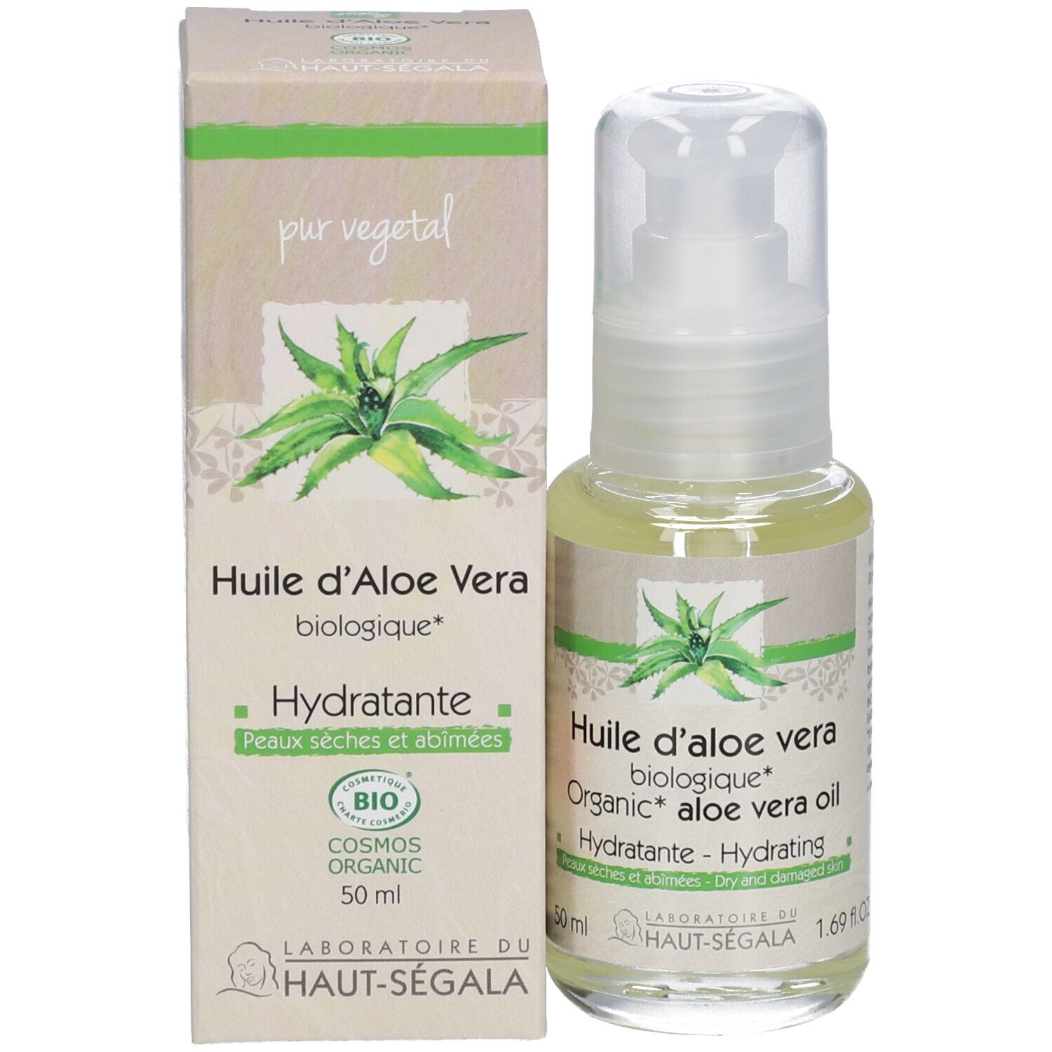 Aloe Vera Öl-Fläschchen und Karton. Aufschrift: Huile d'aloe vera biologique, Hydratante, Peaux sèches et abîmées. Bio-Siegel.